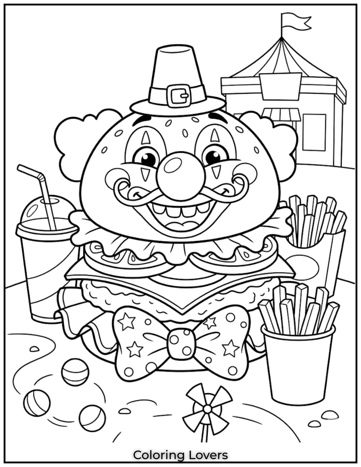 Burger Coloring Pages: Fun and Creative Food Art Printables 16 Clown Themed Burger Restaurant Style Parody 1