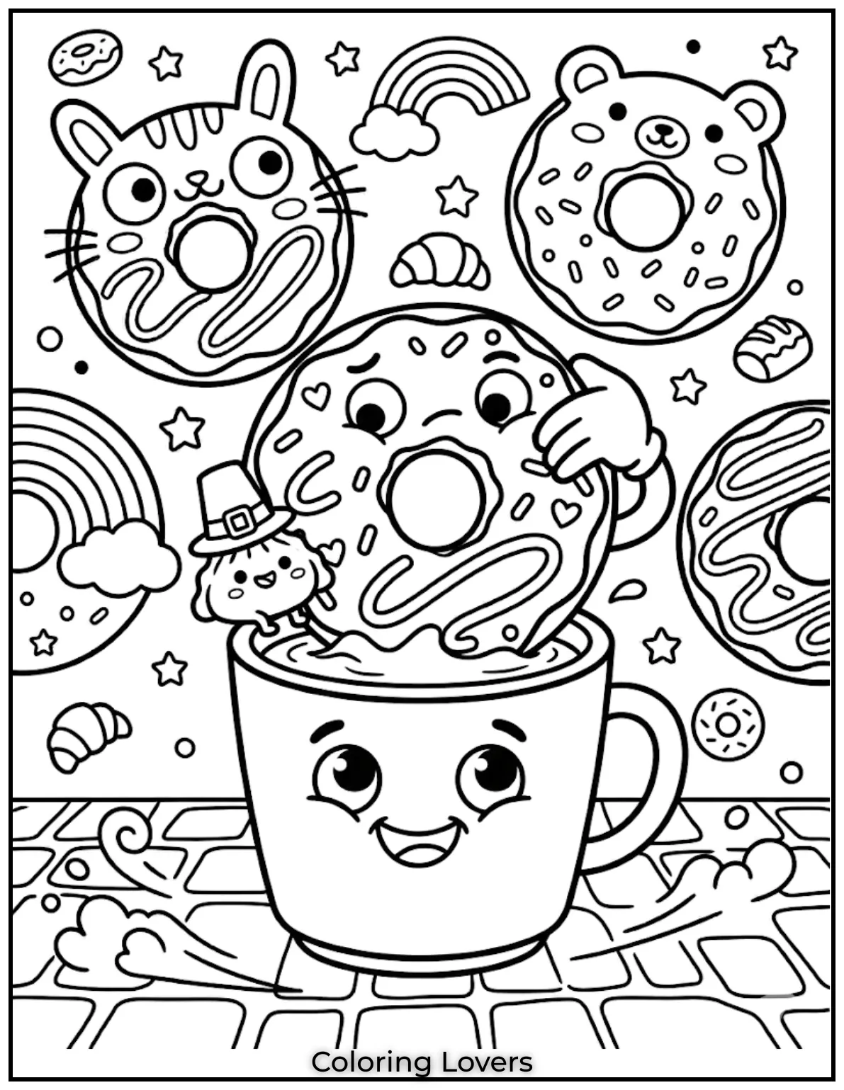 Coffee Donut Coloring Page