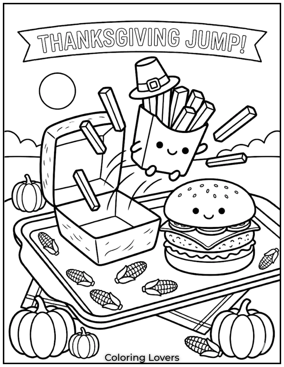 Fries coloring pages show fries jumping from burger box in exciting cartoon action scene today.