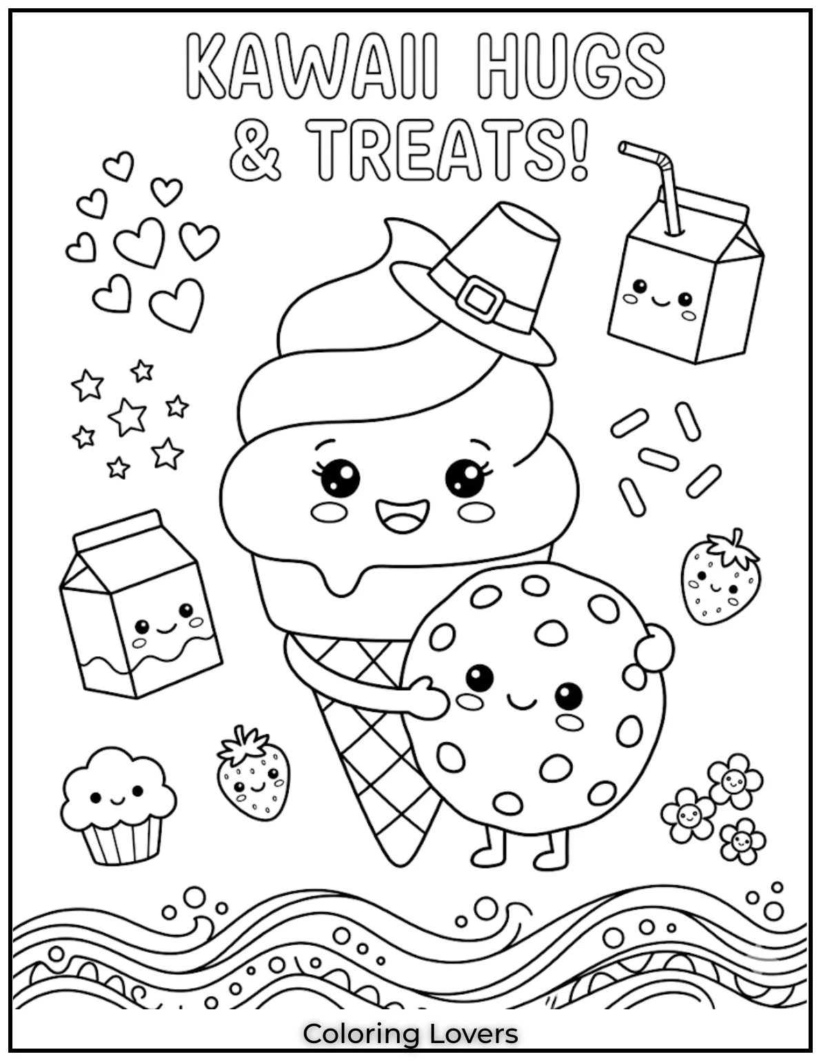Cookie Cone HugsIce cream cones hug cookies warmly. Cute kawaii desserts make coloring pages exciting, cheerful, and relaxing for everyone.