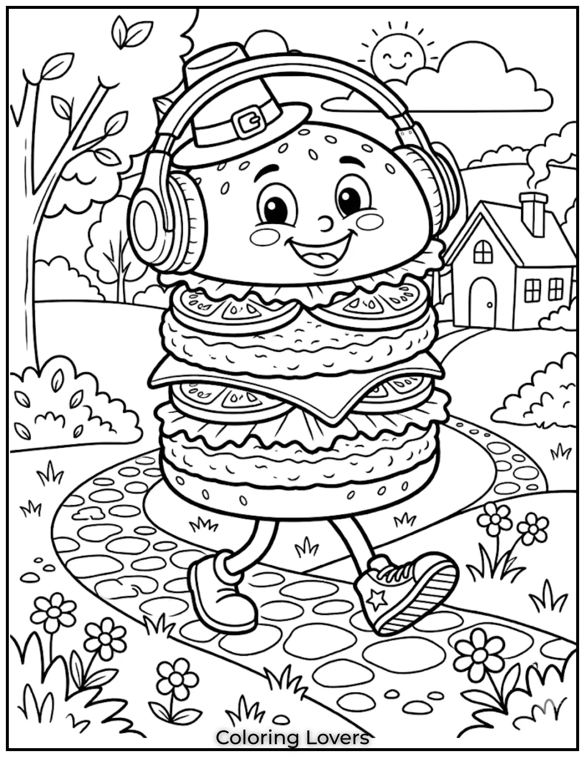 A cool burger wearing headphones and sneakers feels like a fun music character cute page