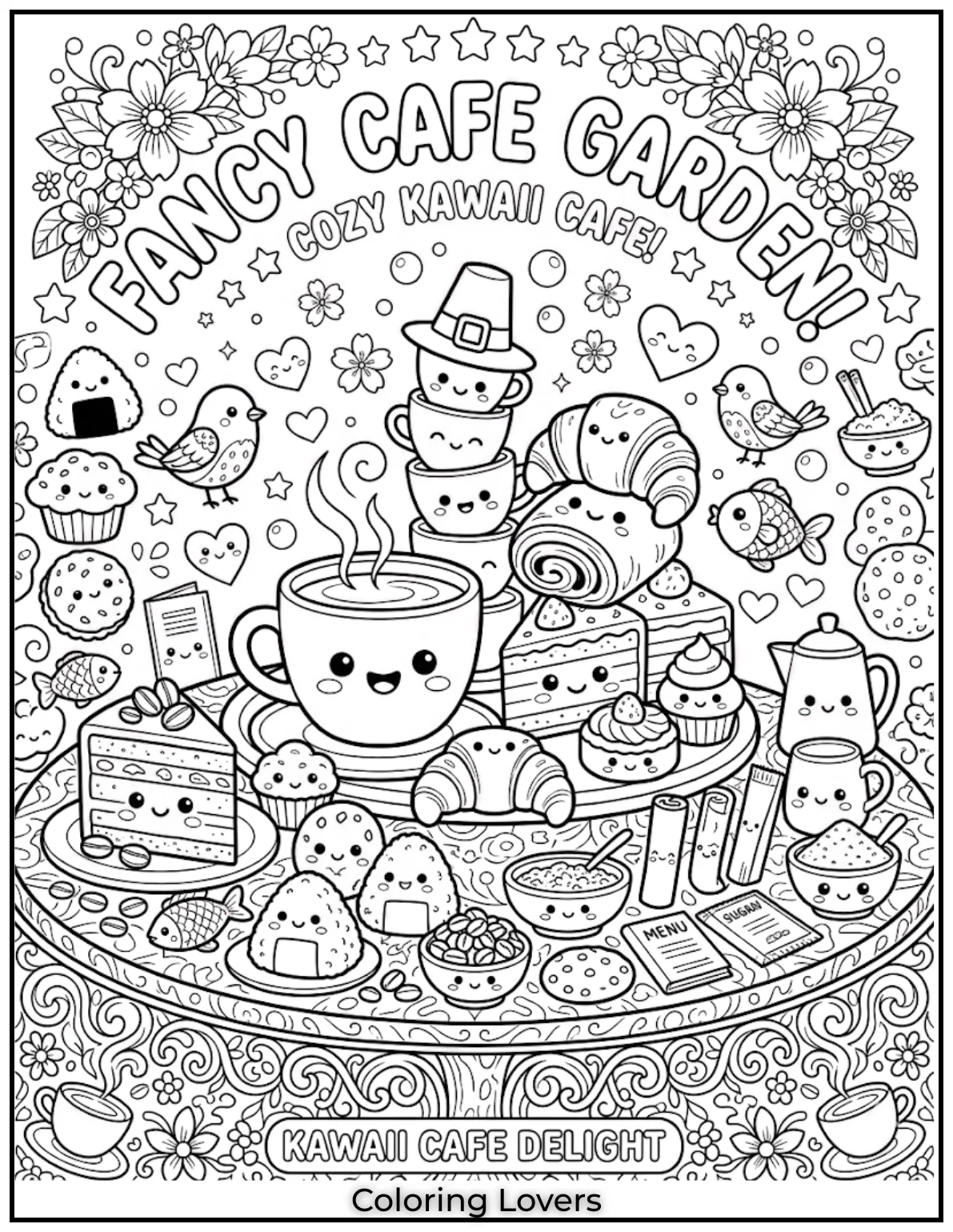 Cozy Coffee MomentsWarm coffee cups sit beside pastries. Cozy kawaii café coloring pages create calm and relaxing creative moments daily.
