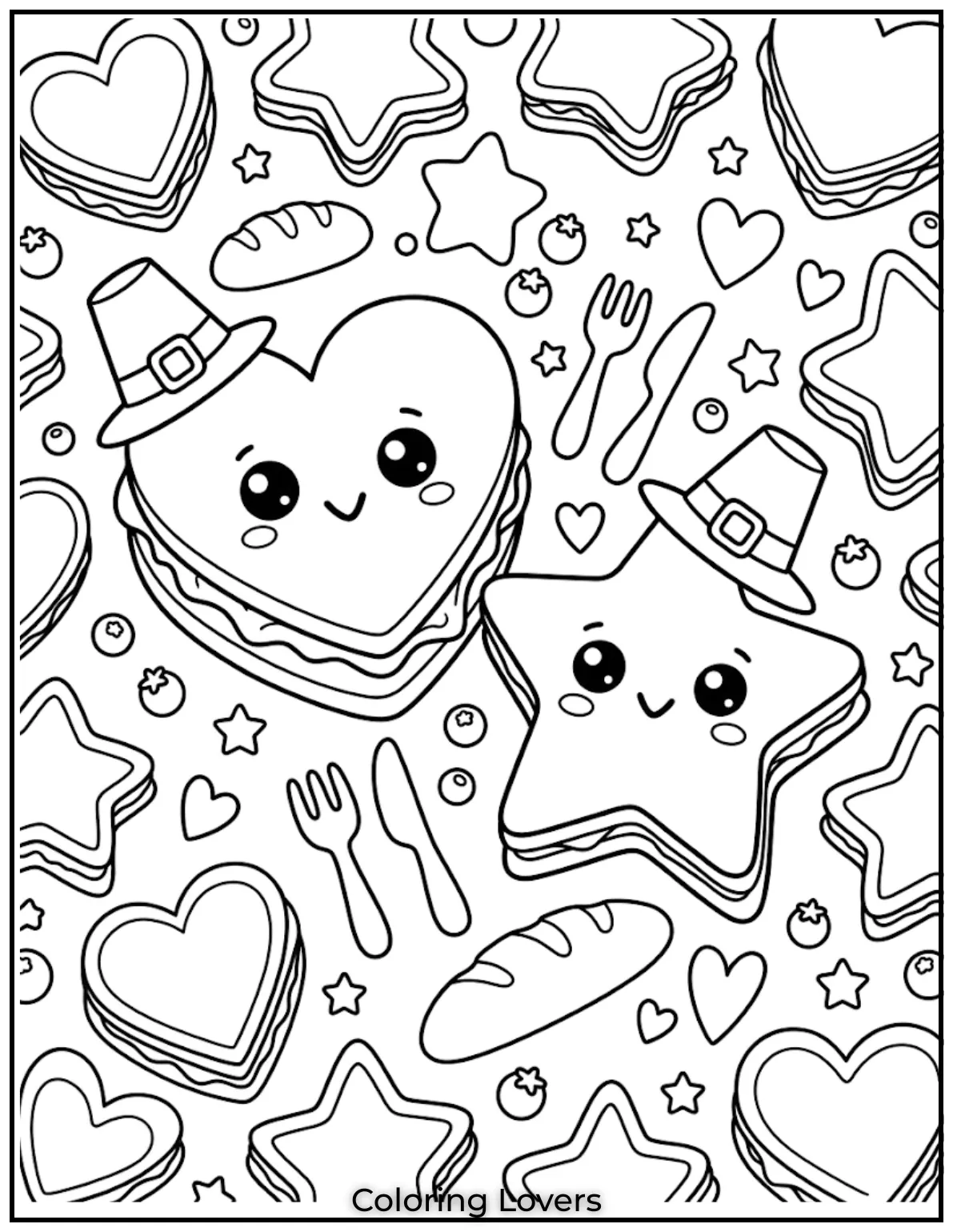 Heart shaped breads and stars transform ordinary sandwiches into magical coloring fun for imaginative young artists.