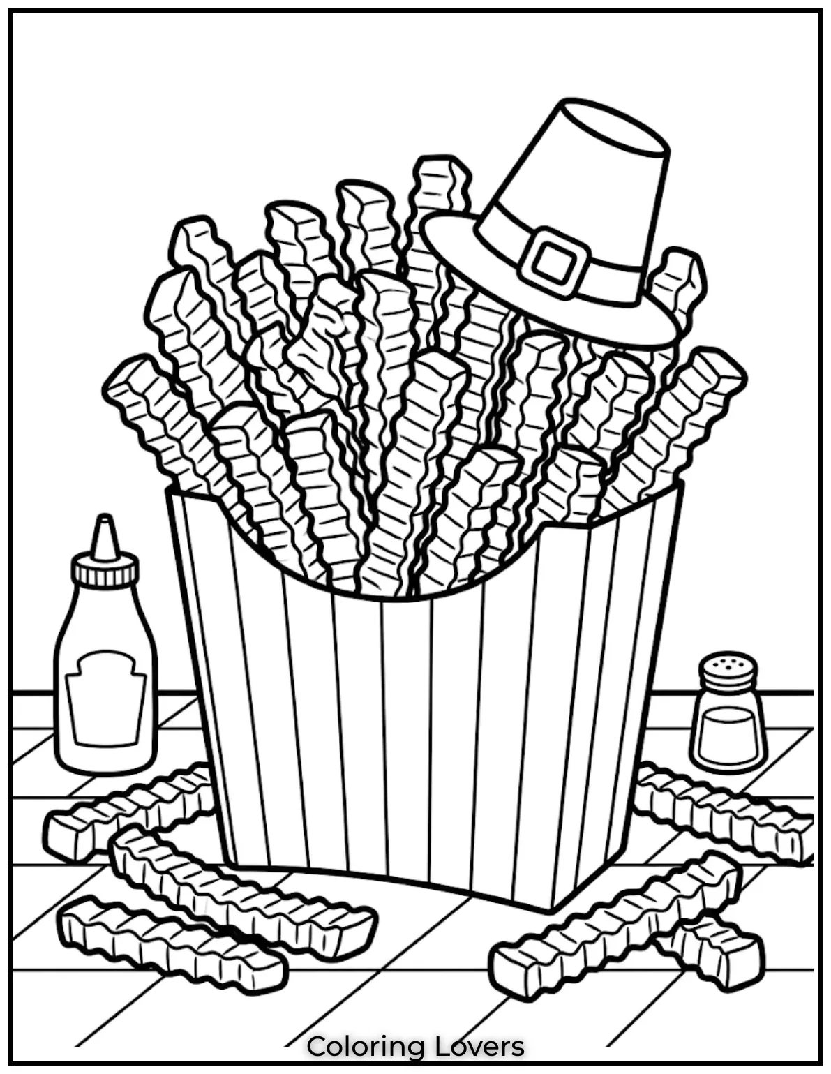 French fries coloring pages show wavy crinkle cut fries in detailed snack illustration design.
