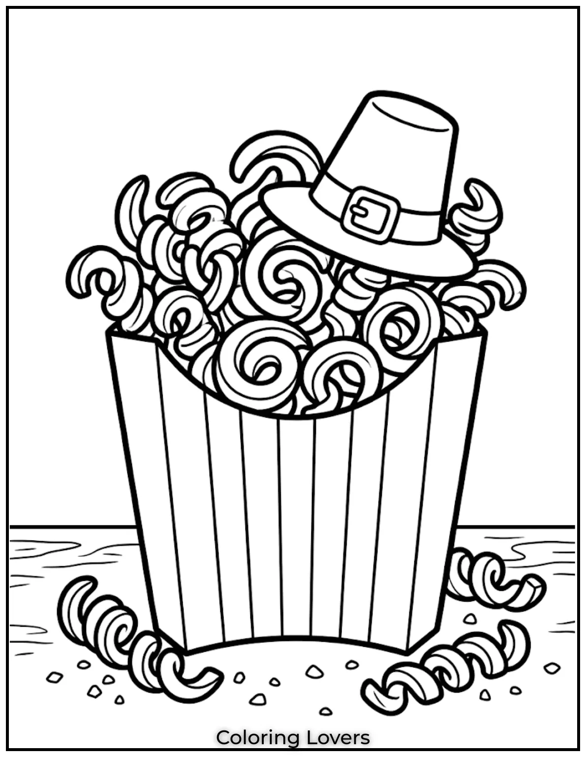 French fries coloring pages show curly spiral fries in fun twisted cartoon food design.
