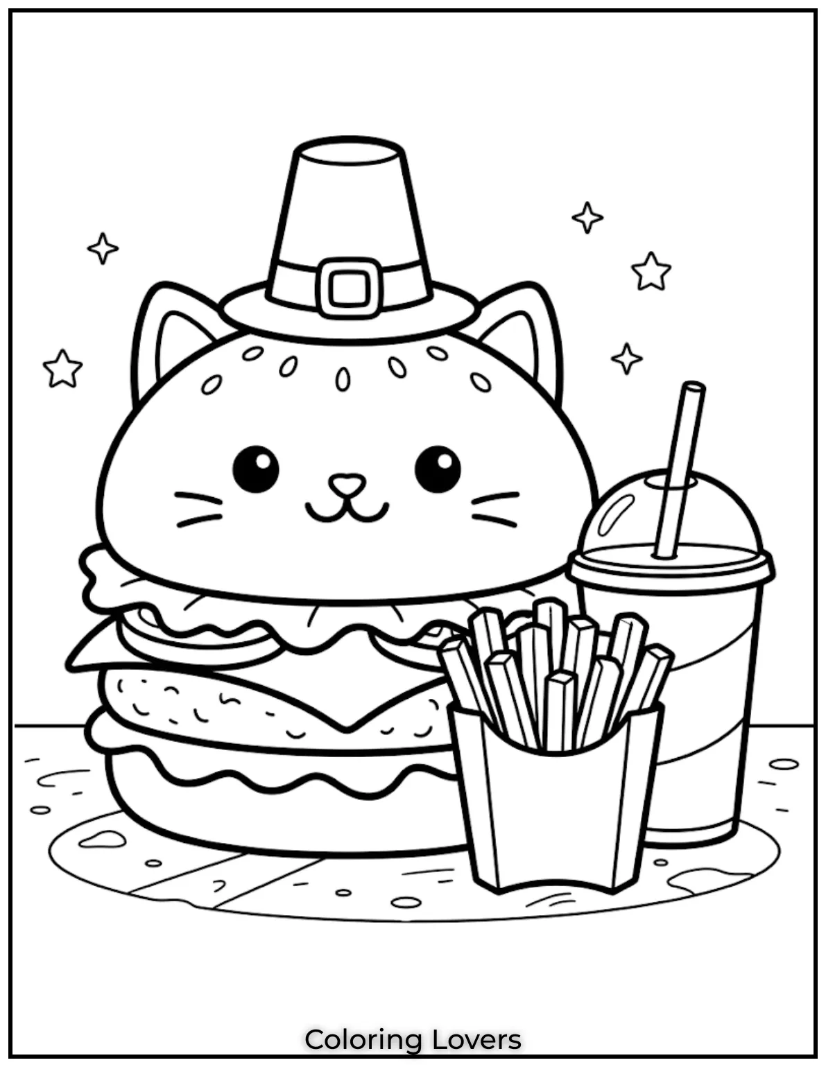 A cute burger character smiles with fries and soda making kids happy while coloring page.