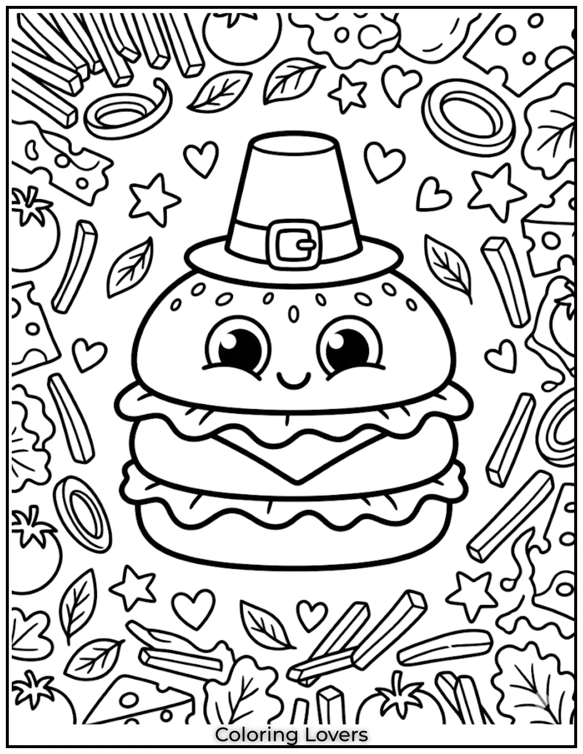 A friendly smiling burger designed for preschool kids with simple shapes and bold outlines page