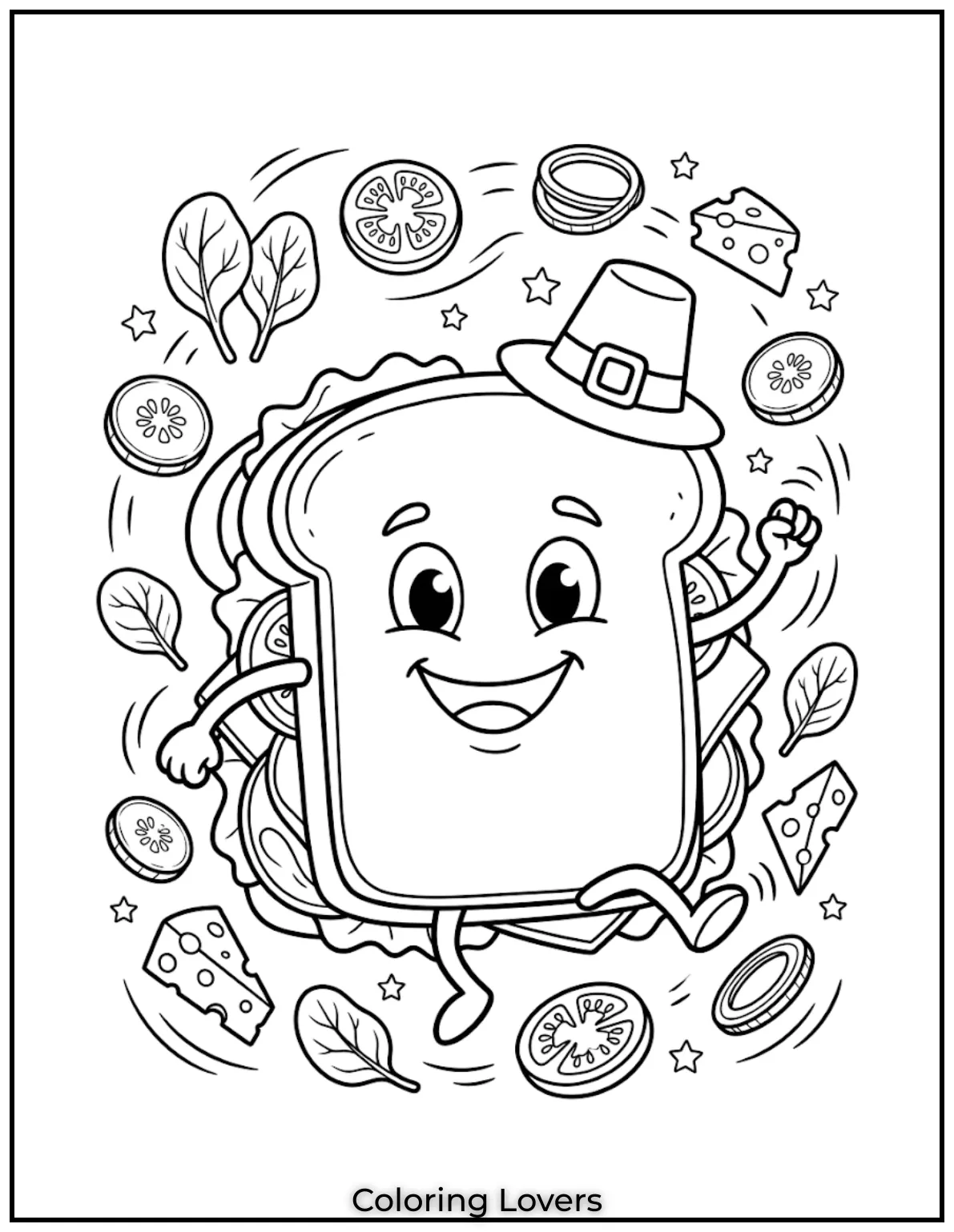 Cheese, bread, and vegetables dance together creating energetic coloring pages children enjoy completing happily after school.