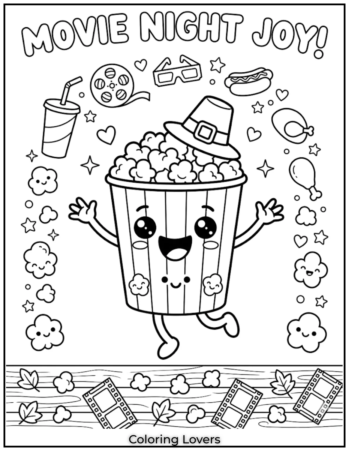 Popcorn Dance PartyHappy popcorn buckets dance joyfully tonight. Movie lovers enjoy coloring cheerful snacks with silly kawaii fun expressions.