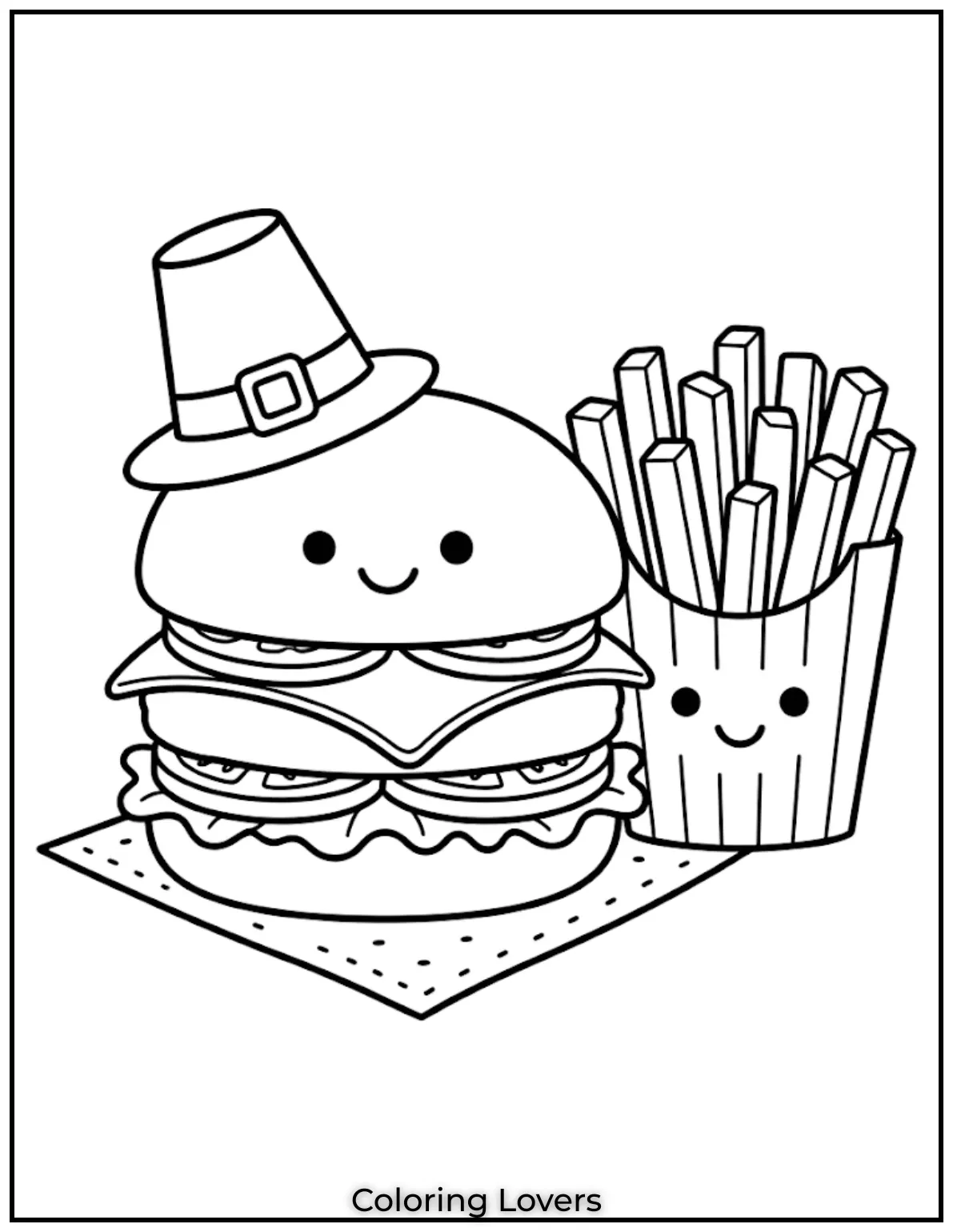 Double cheeseburger coloring pages include large fries box in bold easy outline illustration style.