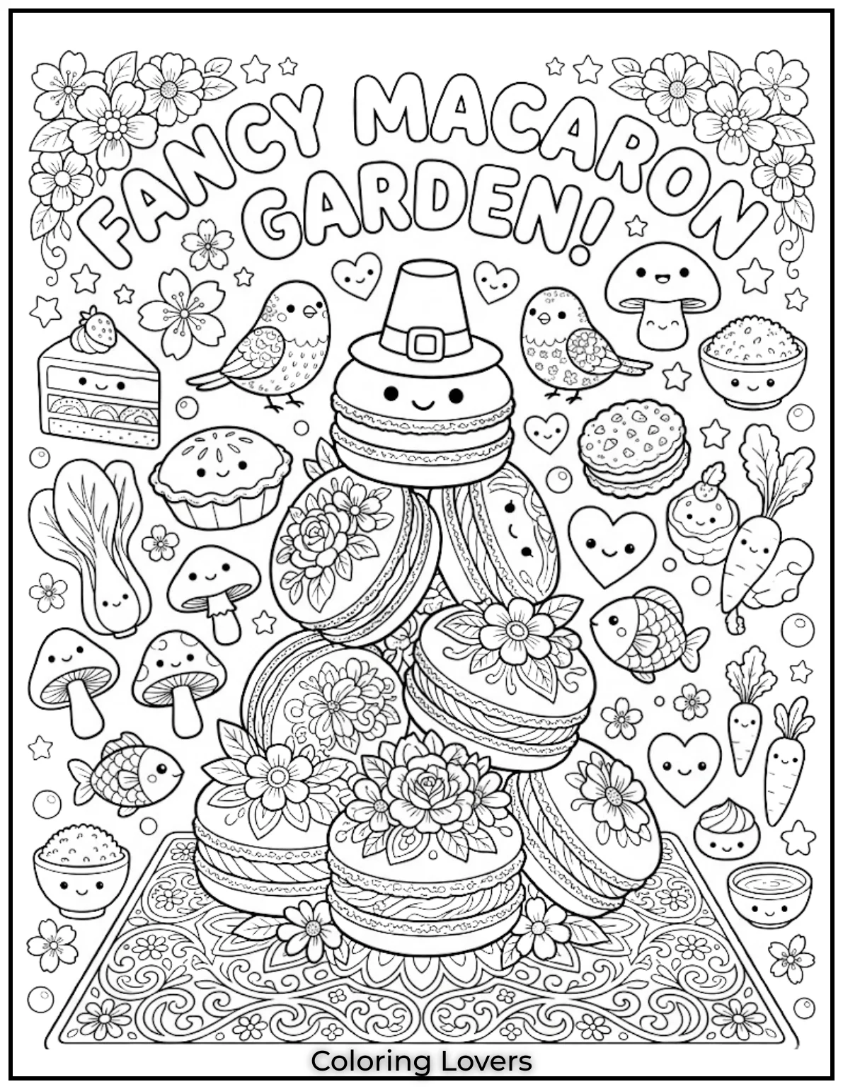 Kawaii Food Coloring Pages: Cute, Fun & Easy Printable Designs for Kids 19 Floral Macaron Beauty 1