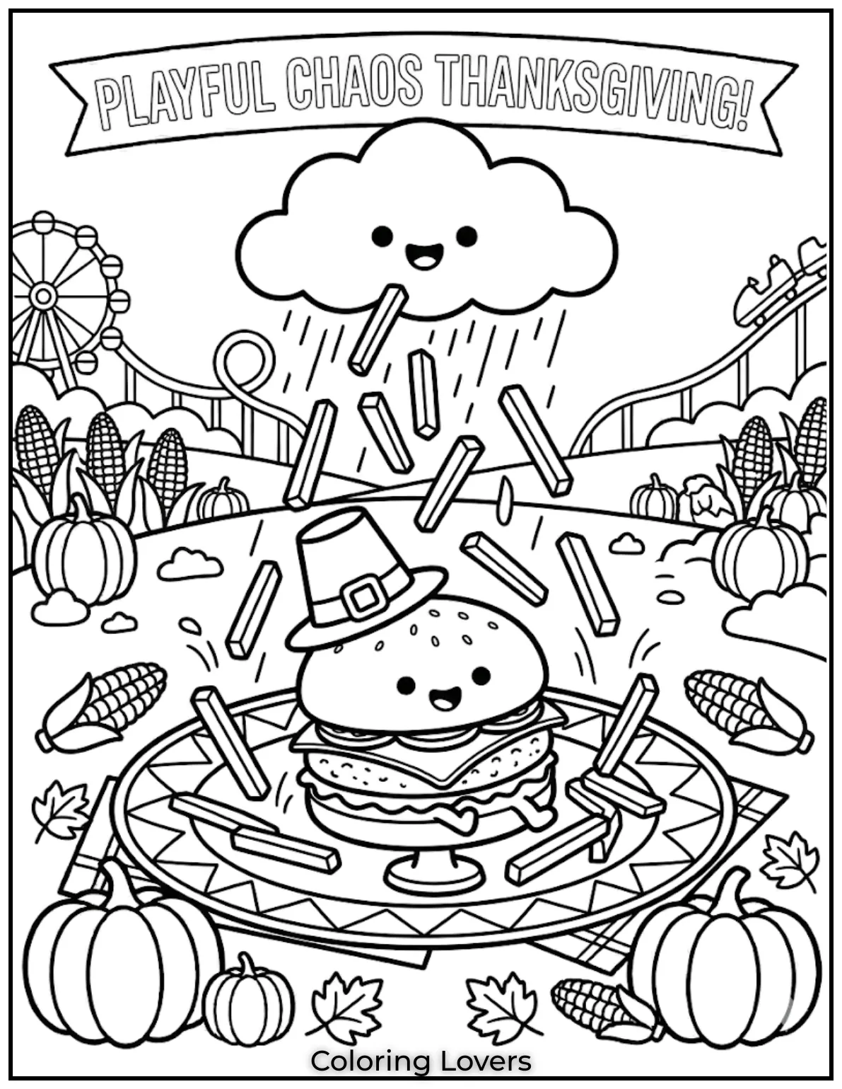 Fries coloring pages show fries raining over burger plate in playful chaotic food style today.