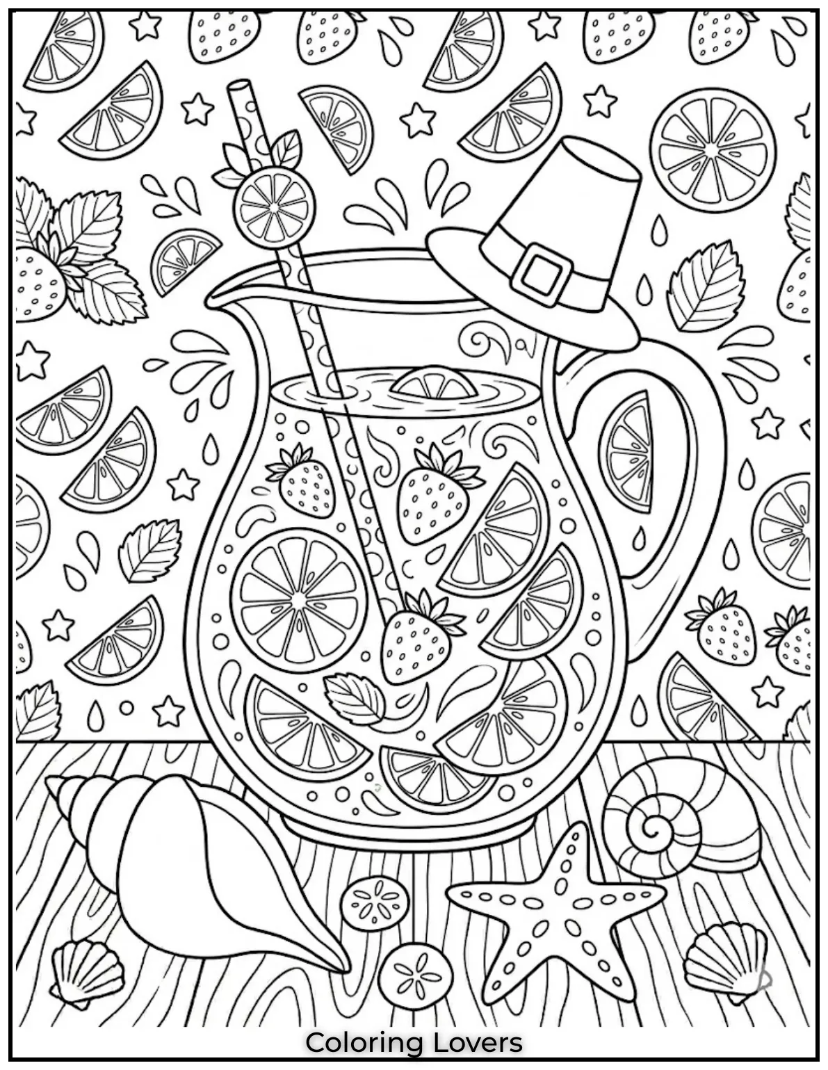 Fruit Pattern DrinkClear drink glass filled with floating fruit slices arranged in fun repeating colorful pattern style
