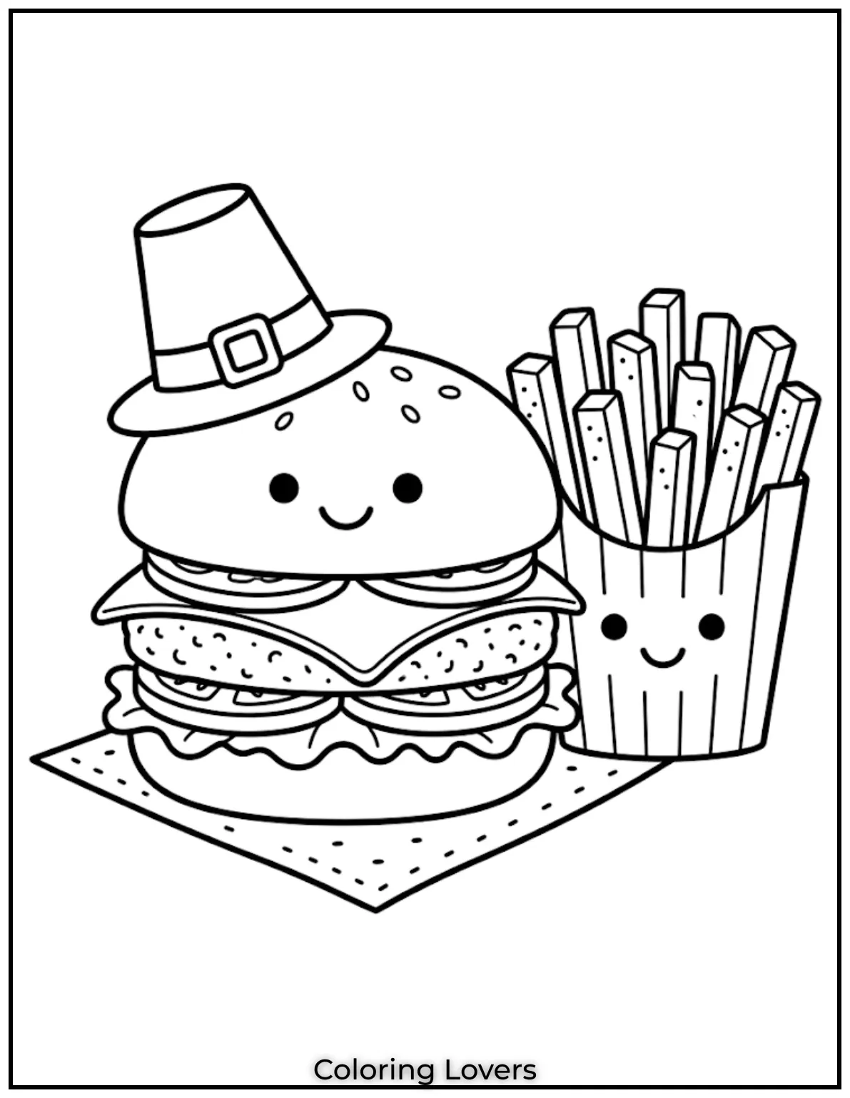 Hamburger coloring pages show classic burger and fries combo in simple kid friendly drawing style.
