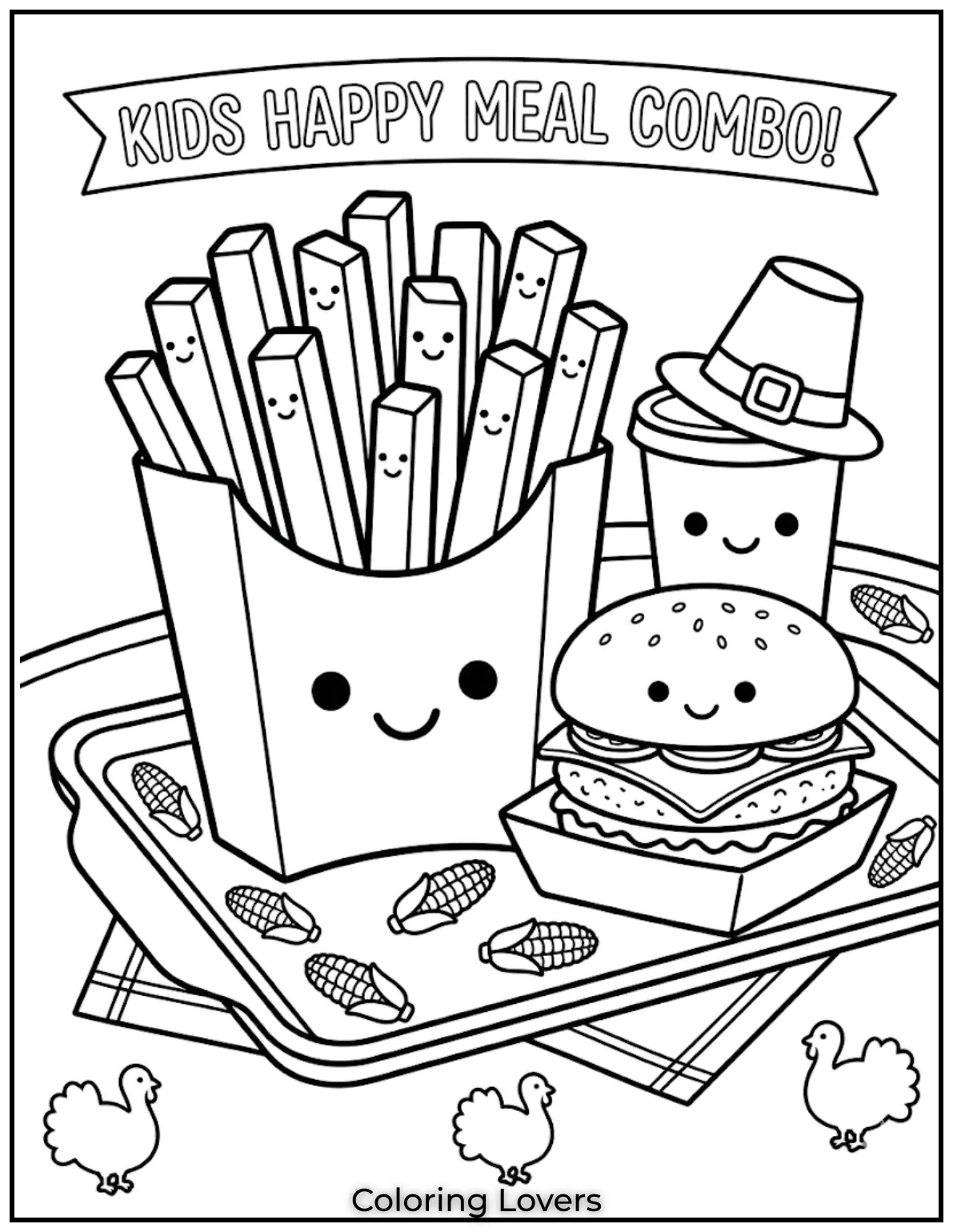 Happy meal coloring pages show burger fries combo in cheerful kids friendly restaurant style.