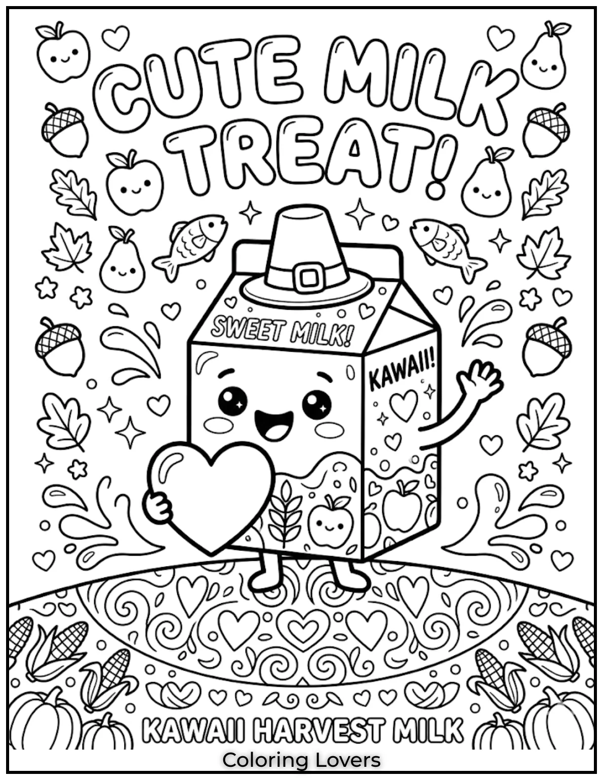 Milk Carton HeartsCute milk cartons hold lovely hearts. Children enjoy coloring friendly drinks with adorable kawaii happy little expressions.