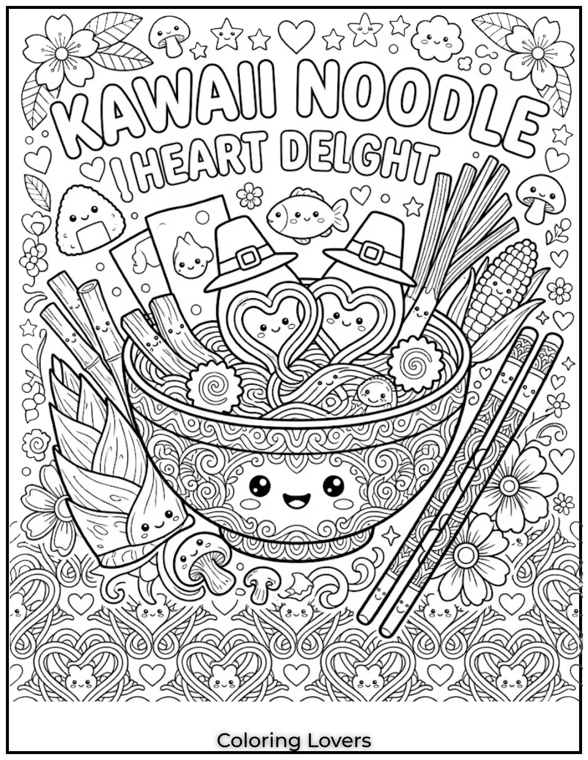 Kawaii Food Coloring Pages: Cute, Fun & Easy Printable Designs for Kids 16 Heart Shape Noodles 1