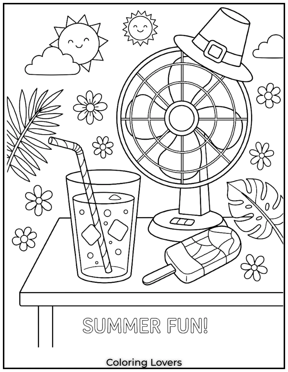 Juice Ice ComboJuice glass and ice pop placed together beside summer fan creating cool refreshing coloring idea