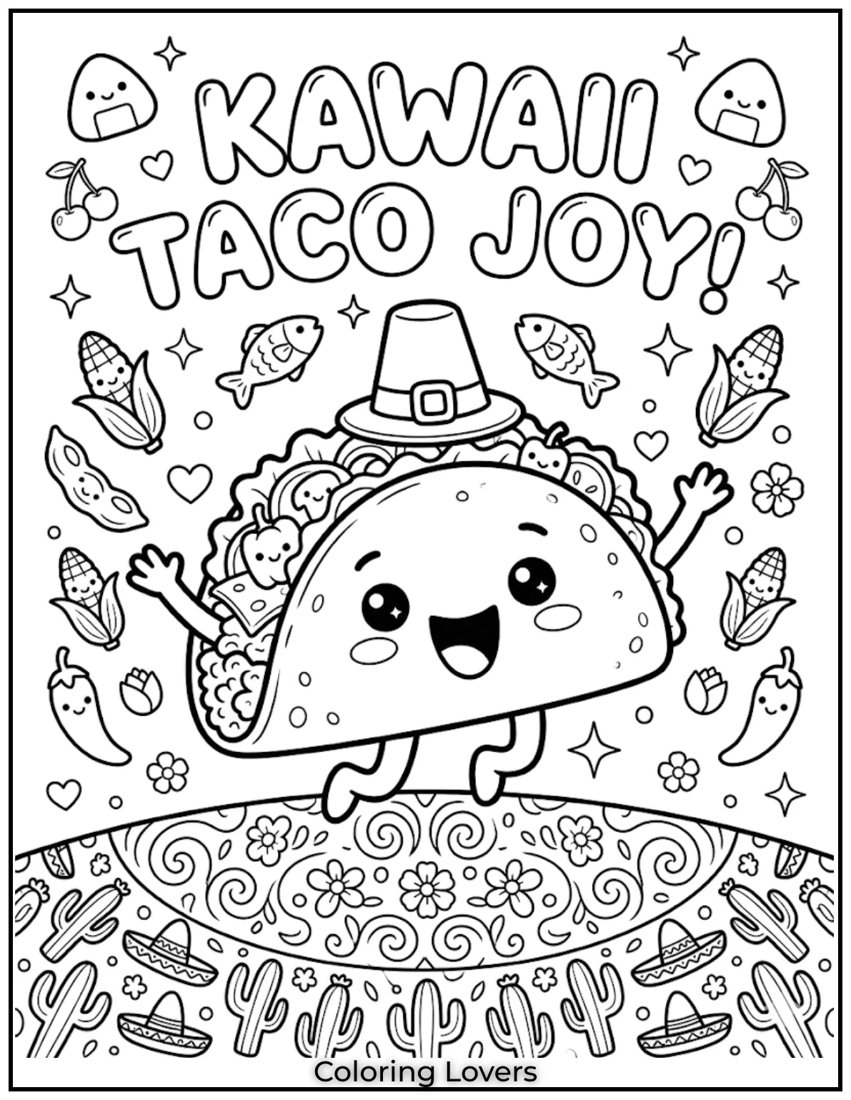 Taco Jump JoyFunny tacos jump around happily today. Kids love coloring crunchy shells with playful kawaii smiling taco characters.