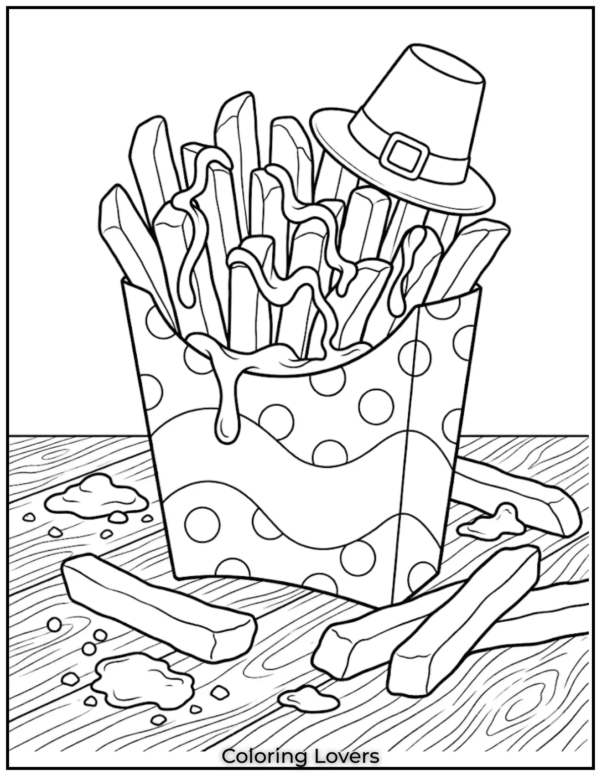 French fries coloring pages show ketchup drizzle over fries in simple tasty cartoon style.