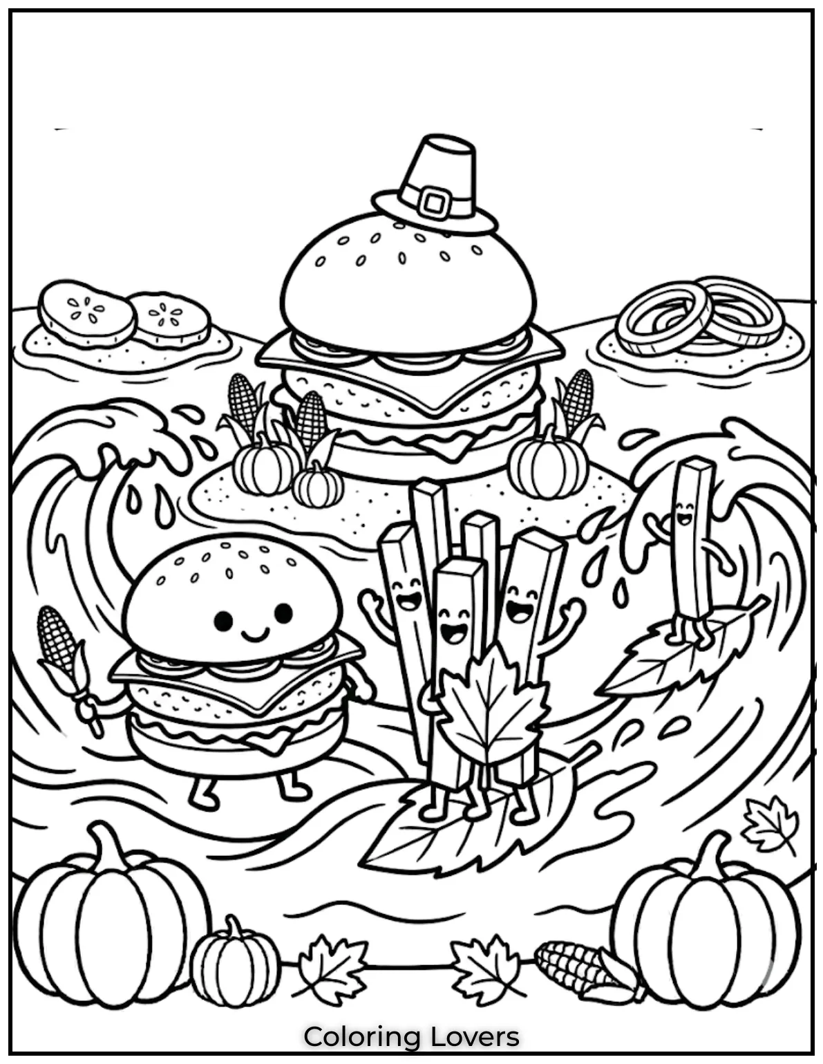 Fries coloring pages show fries surfing ketchup waves near burger island in creative scene design.