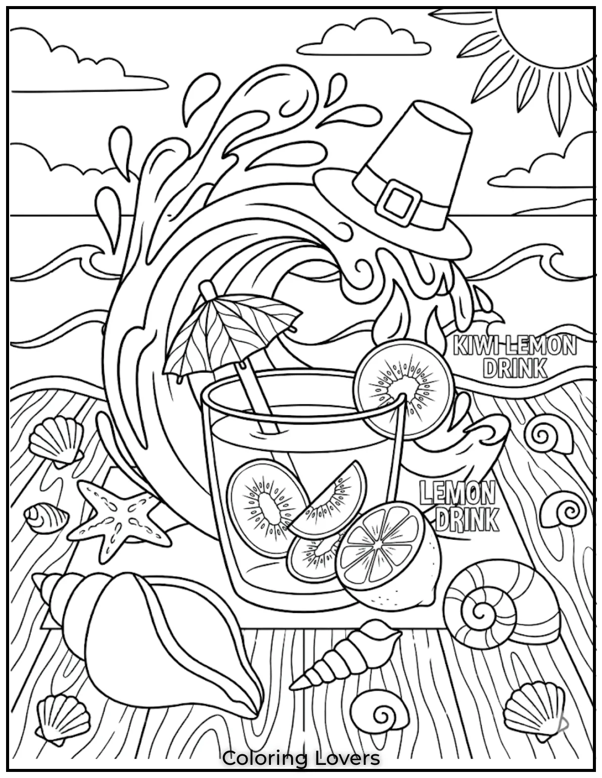 Kiwi Lemon DrinkFun kiwi lemon drink decorated with leaf umbrella giving cute tropical vacation coloring page feeling
