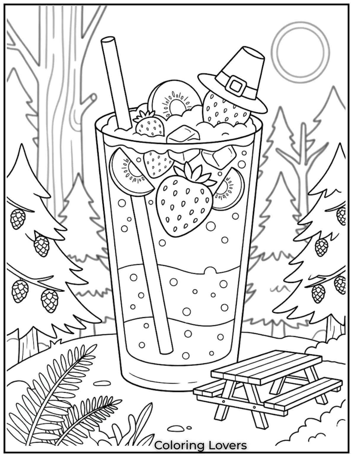 Kiwi Strawberry FizzKiwi strawberry soda with floating toppings placed in forest rest stop creating fun coloring page