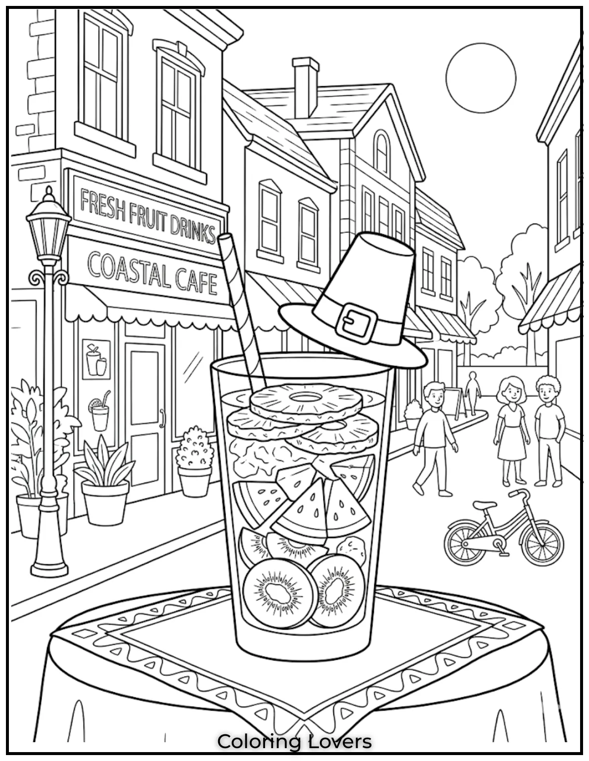 Layered Fruit CoolerMulti layer drink with kiwi watermelon pineapple colors inside glass shop background summer street scene