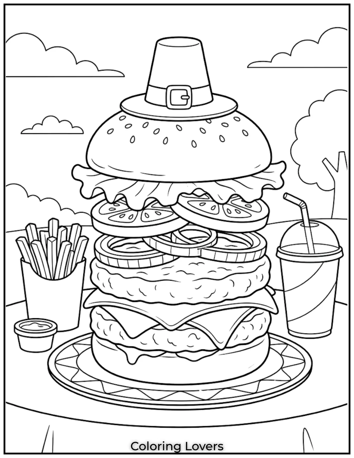 A detailed burger shows lettuce tomato cheese and patty layers perfect for coloring practice page.