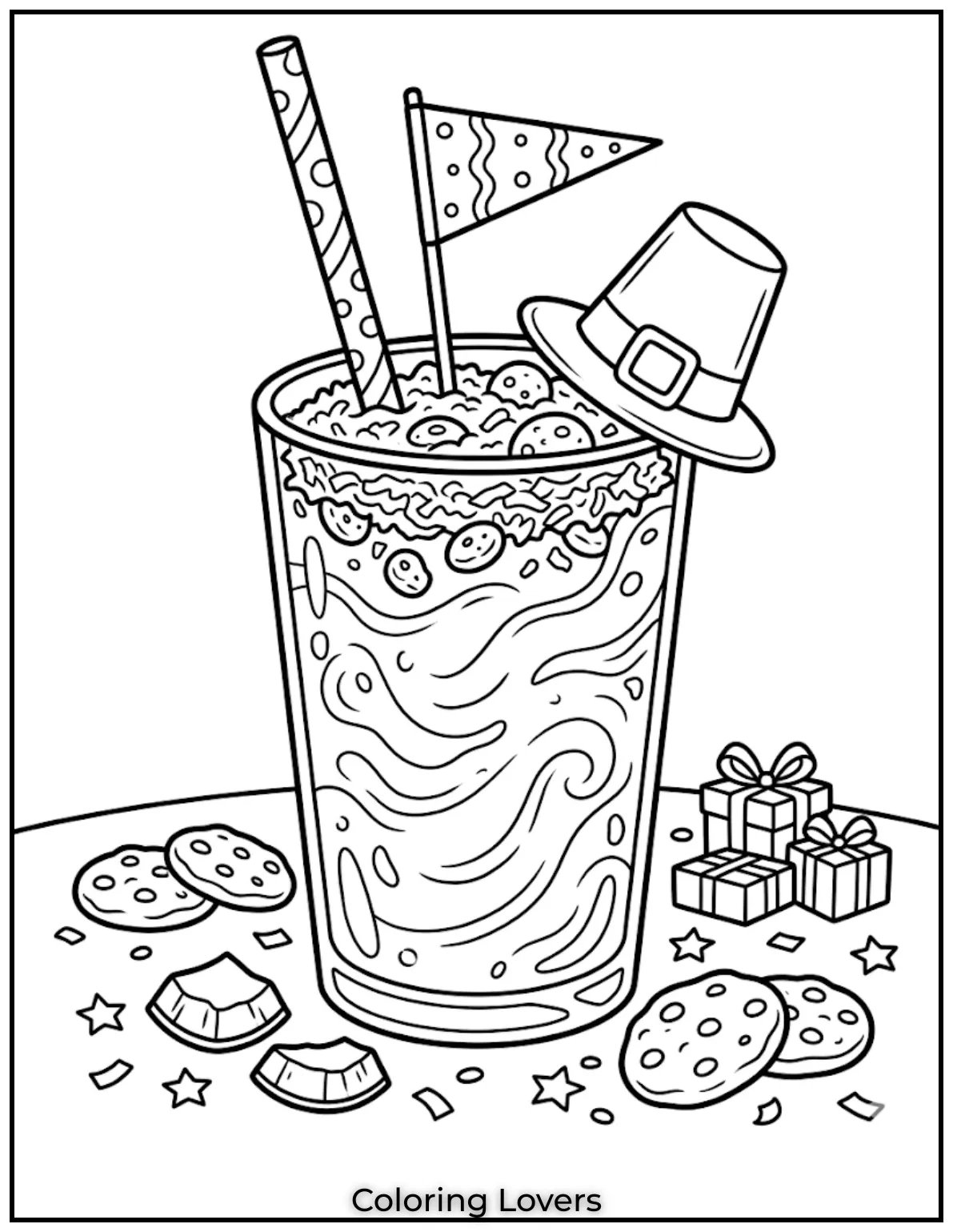 Mango Party DrinkMango smoothie decorated with coconut topping cookies and mini flag creating celebration coloring fun page
