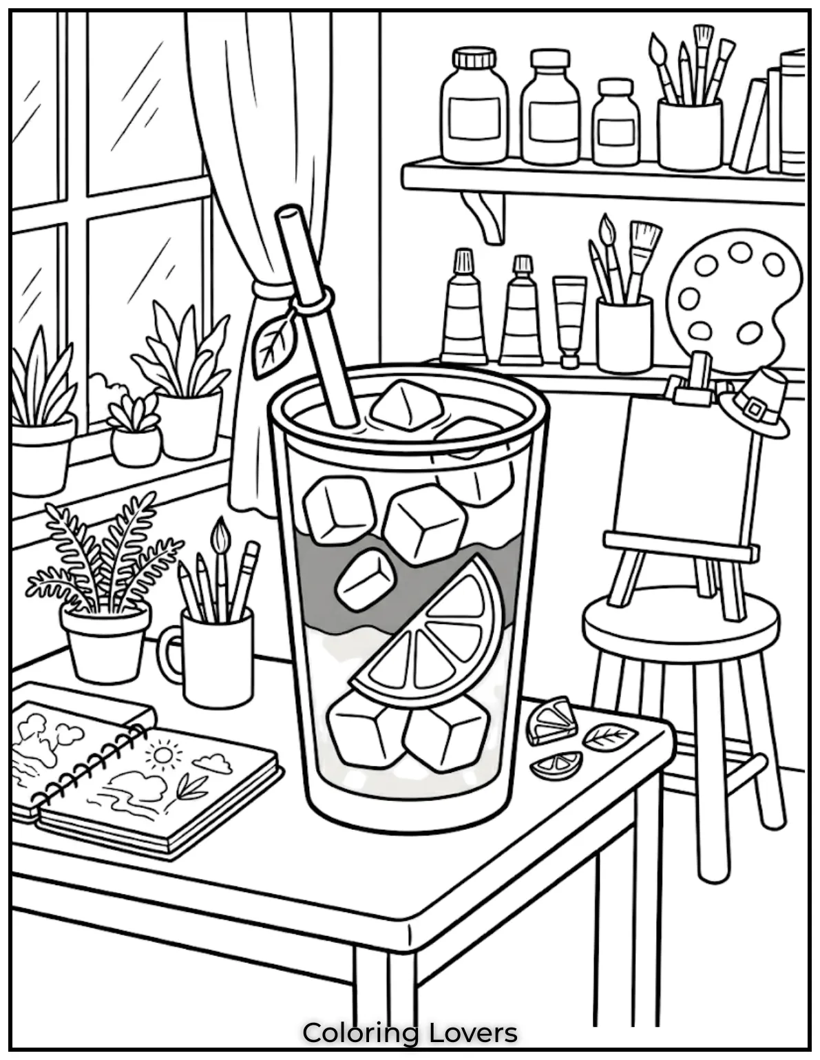 Matcha Ice FusionThree layer iced matcha drink in cozy art studio with soft lighting and calm mood