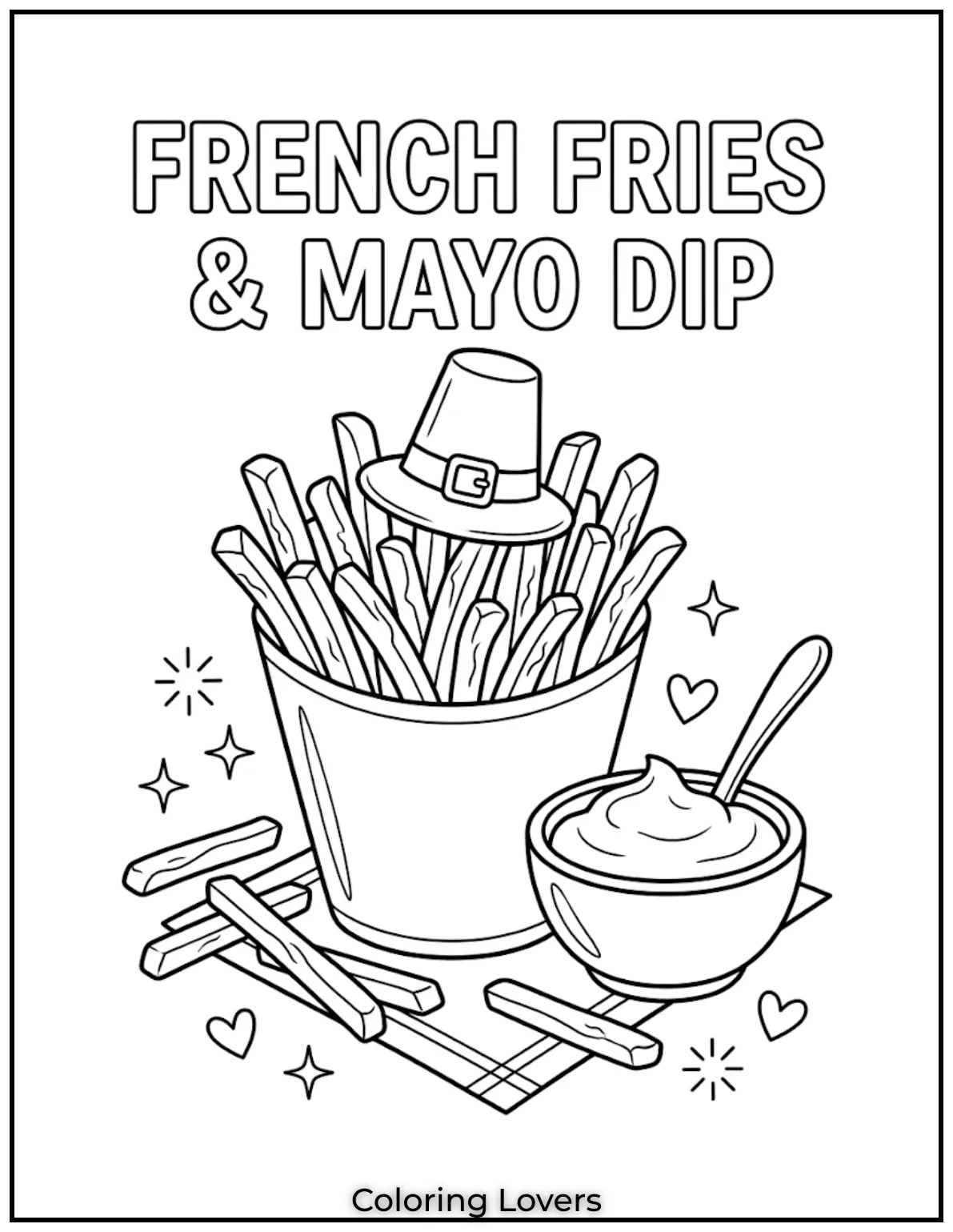 French fries coloring pages show creamy mayo dip in smooth snack coloring page style.