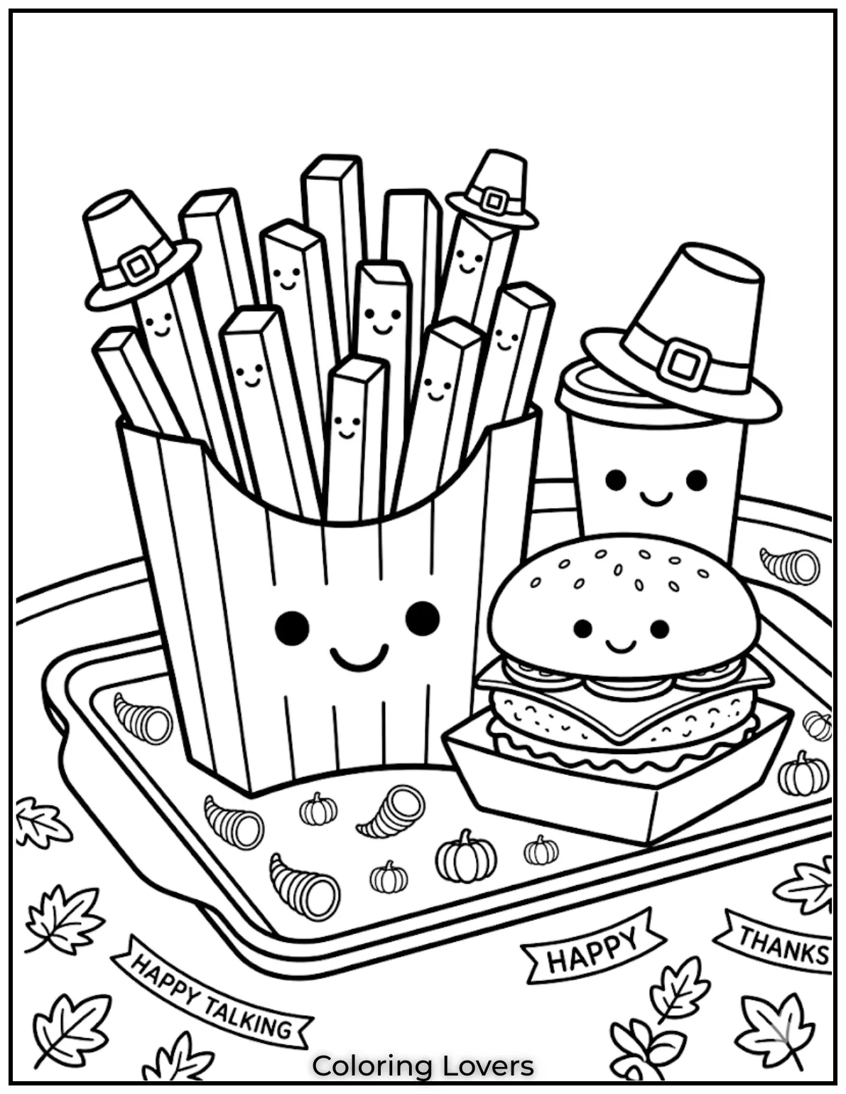 McDonald fries coloring pages show cartoon tray with tasty fast food illustration design style.