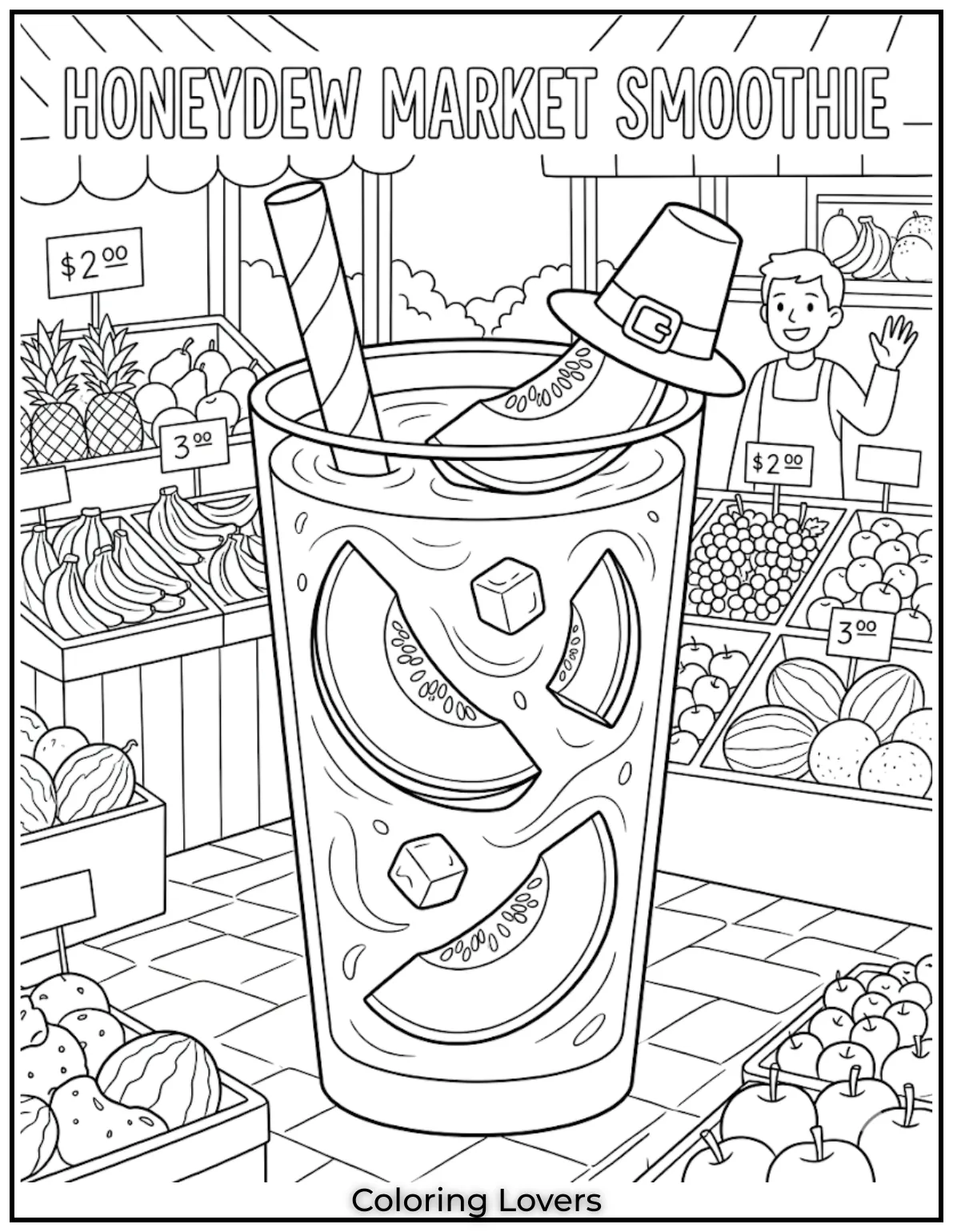 Melon Refresher DrinkHoneydew melon smoothie with floating slices placed in lively summer fruit market fun coloring s