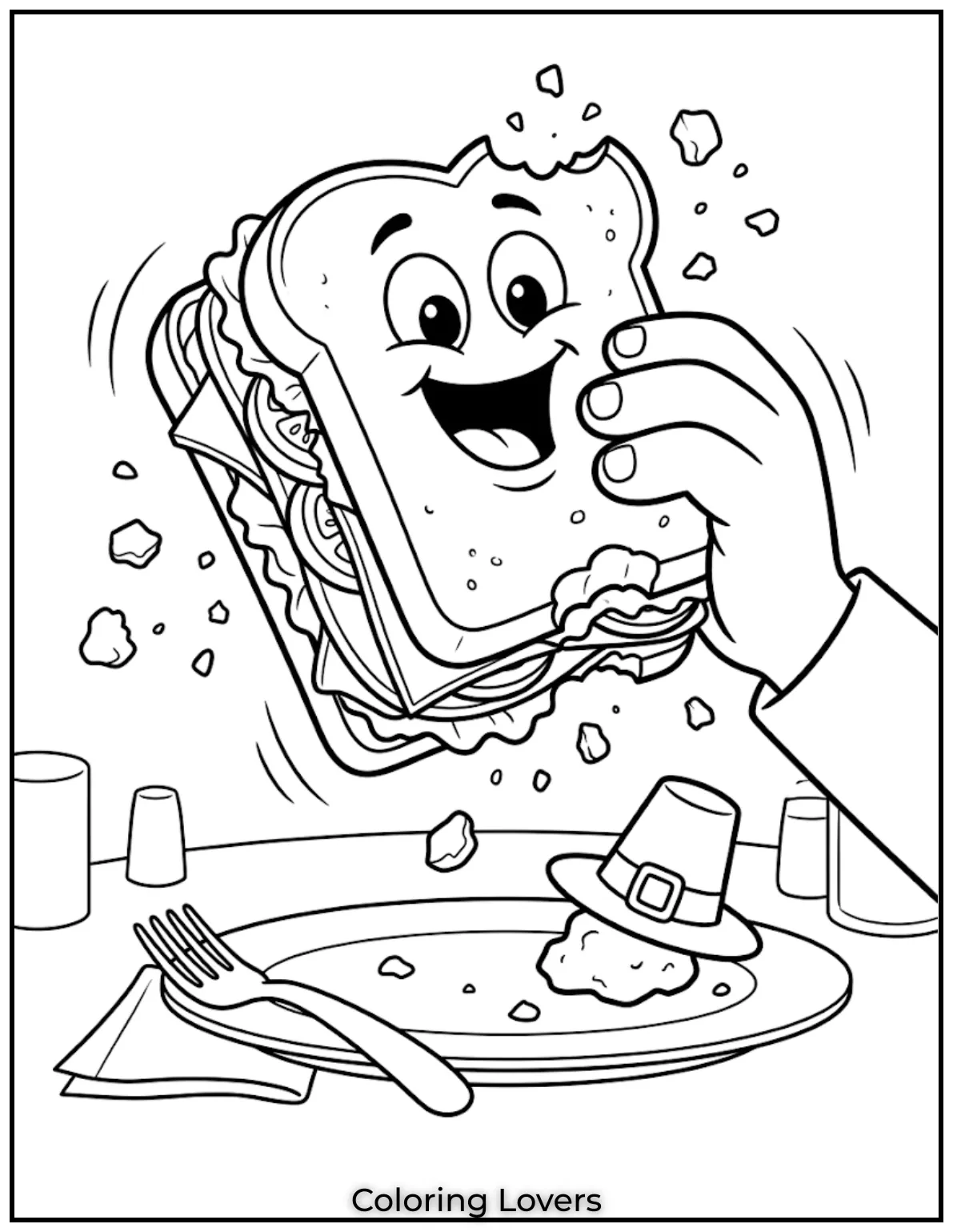 Flying crumbs and dripping sauces create hilarious sandwich scenes that children love coloring enthusiastically together today.