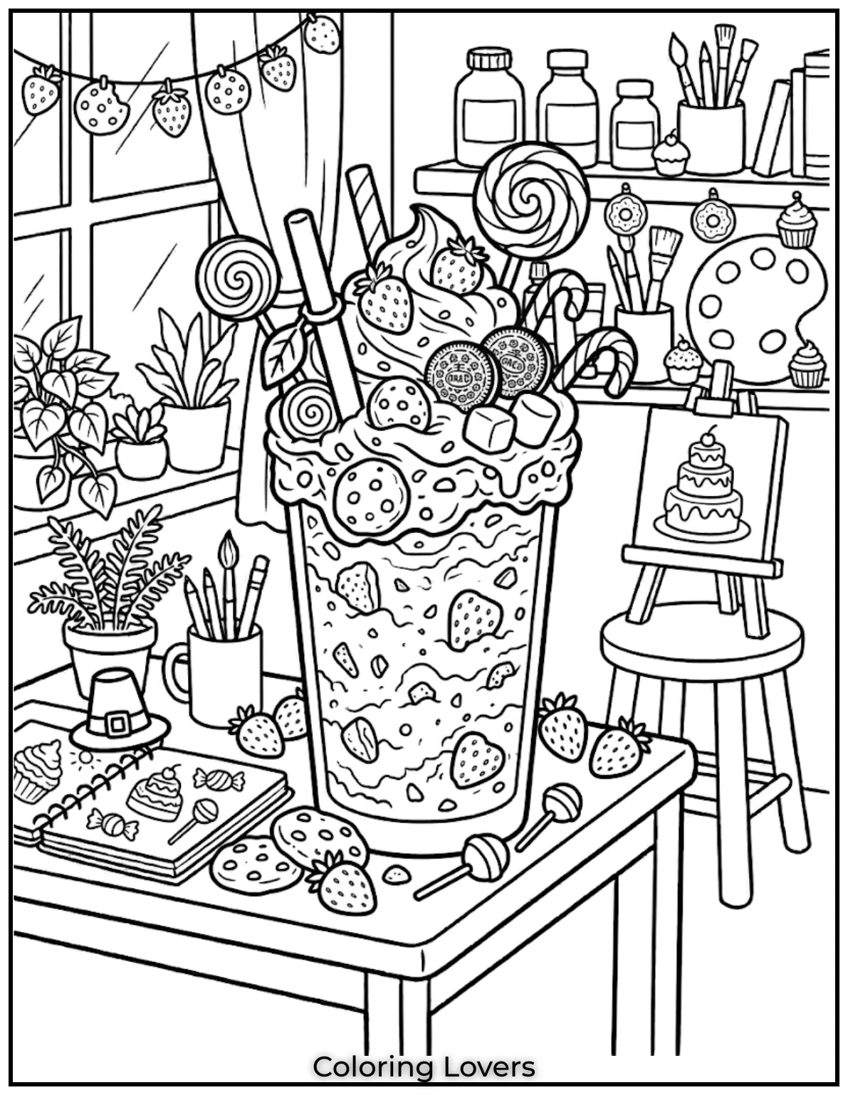 Milkshake Party TimeLarge milkshake topped with cookies strawberries and candy making super fun dessert coloring page art