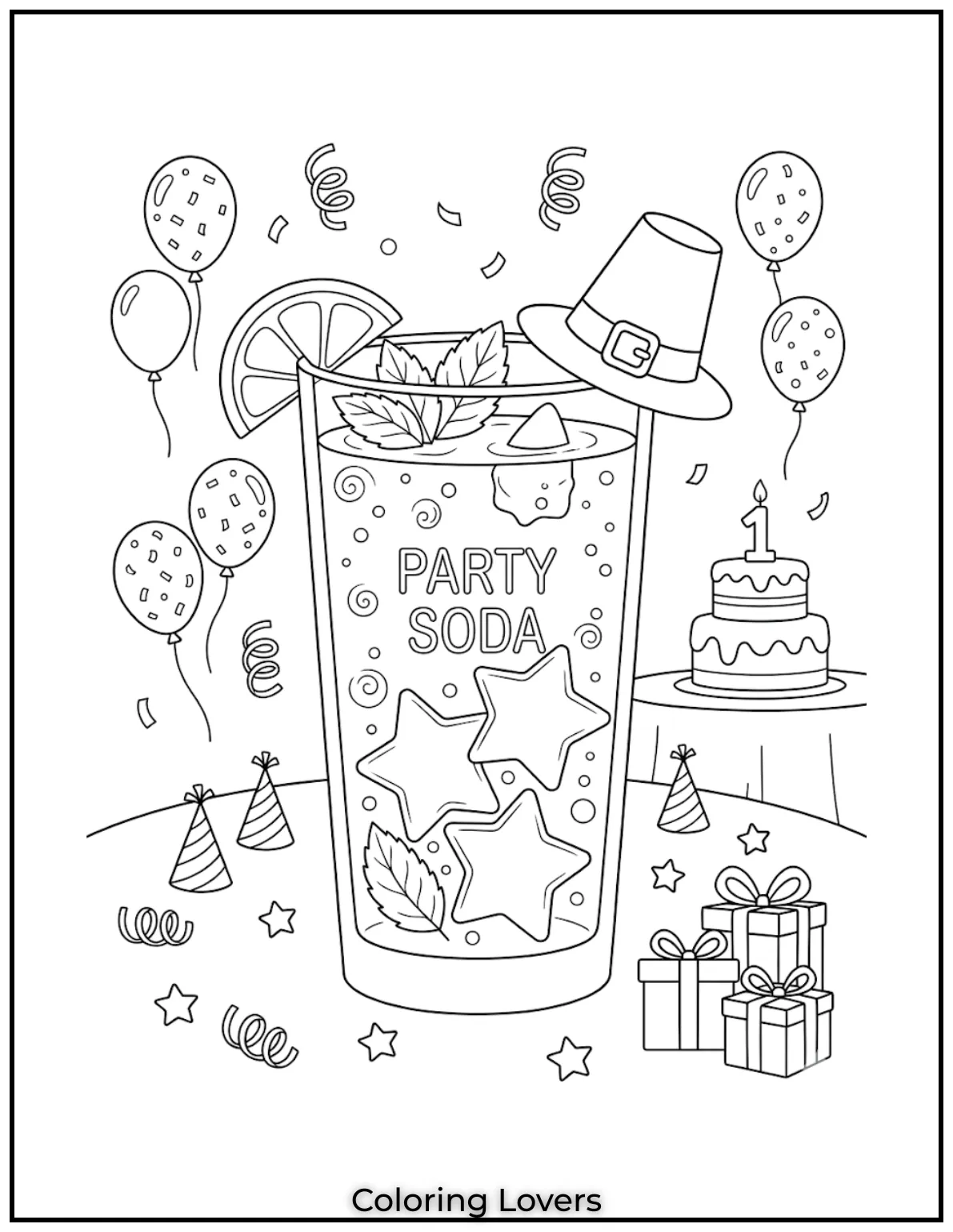 Mint Lime SparkleBright mint lemonade soda with star ice cubes perfect for happy birthday themed coloring page