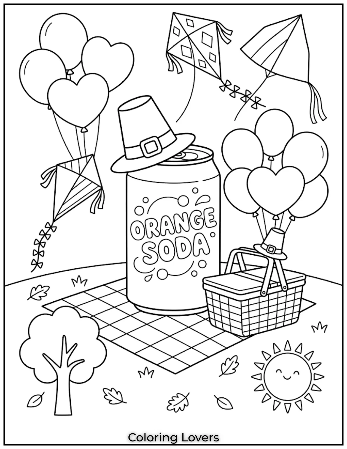 Orange Soda FunOrange soda can with balloons kites and picnic items creating cheerful outdoor summer scene art