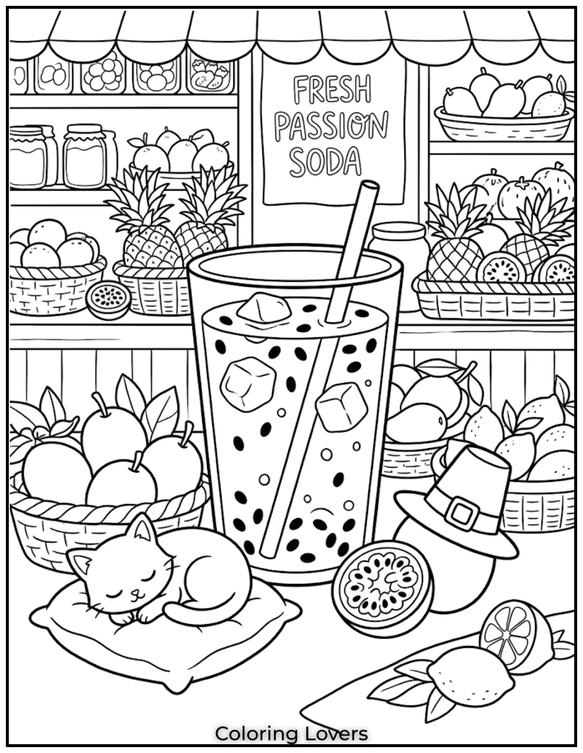 Passion Sparkle DrinkPassion fruit soda glass with floating seeds near fruit shop with sleeping kitten under counterCitrus Fizz Drink