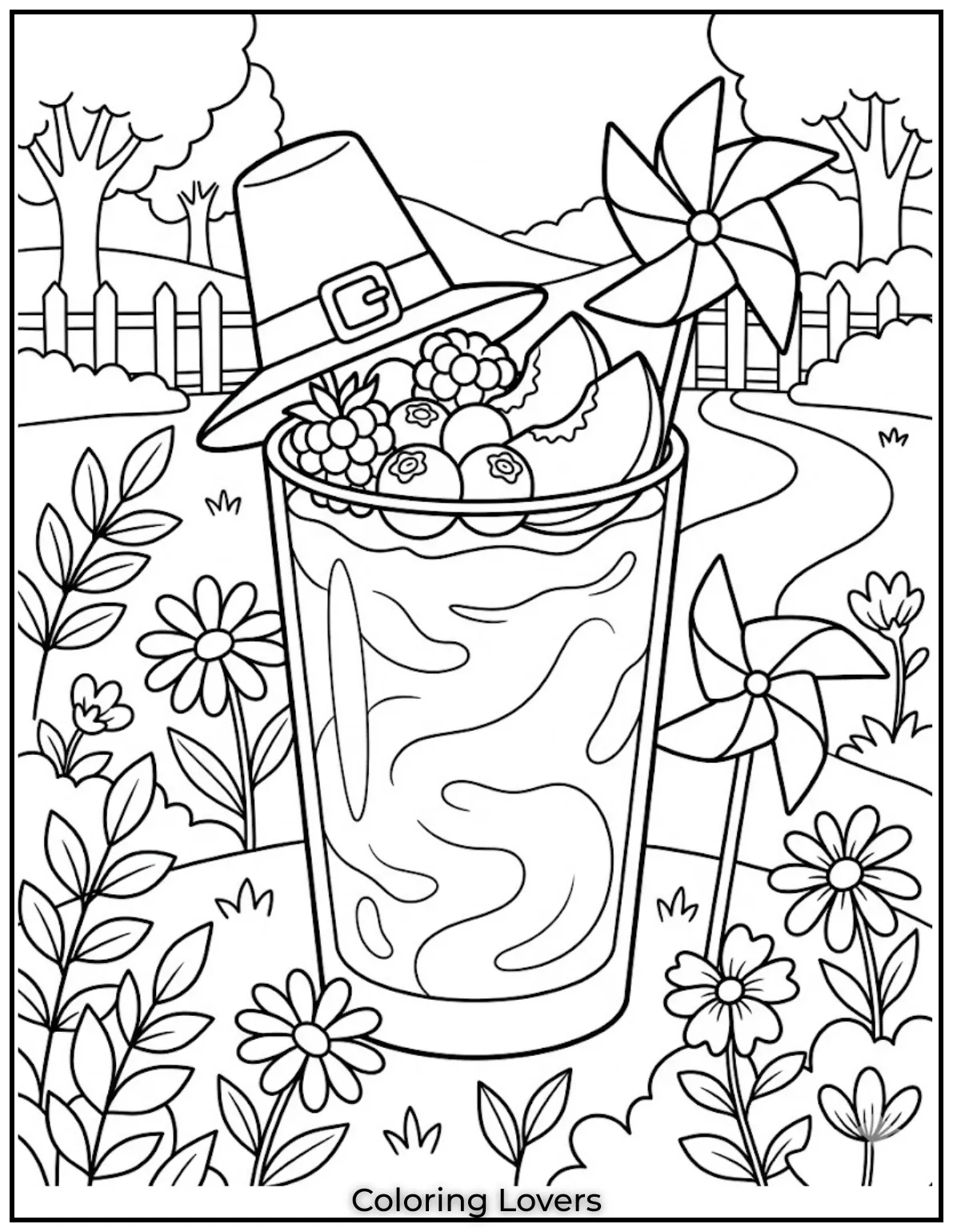 Peach Yogurt BlissPeach yogurt smoothie with berries placed in garden surrounded by flowers and playful pinwheel fun