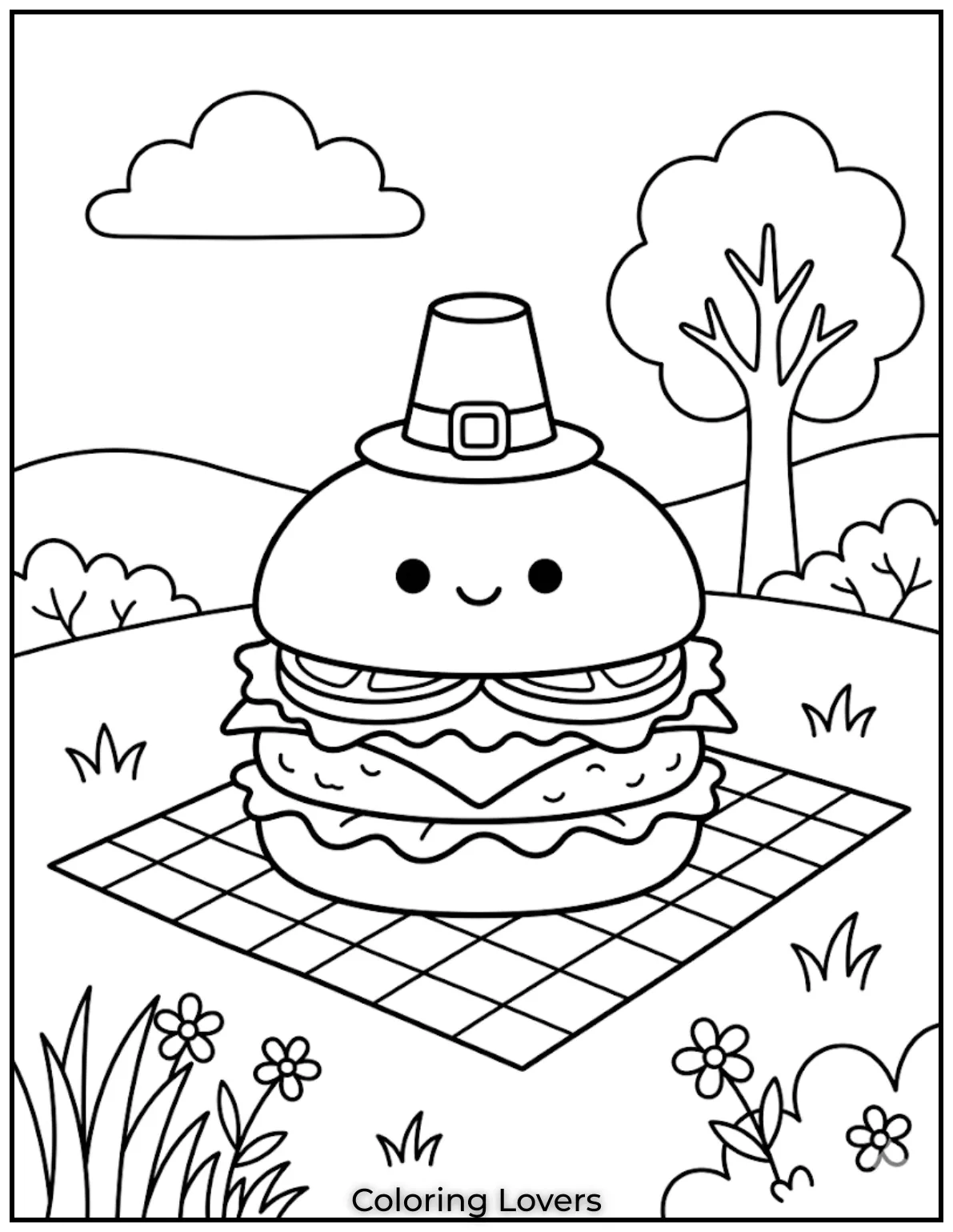 A cheerful burger rests on picnic mat inviting kids to color outdoor tasty fun scene