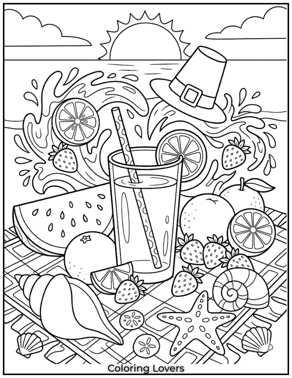 Picnic Fruit DrinkSummer drink placed on picnic mat surrounded by fruits creating cheerful outdoor coloring scene fun