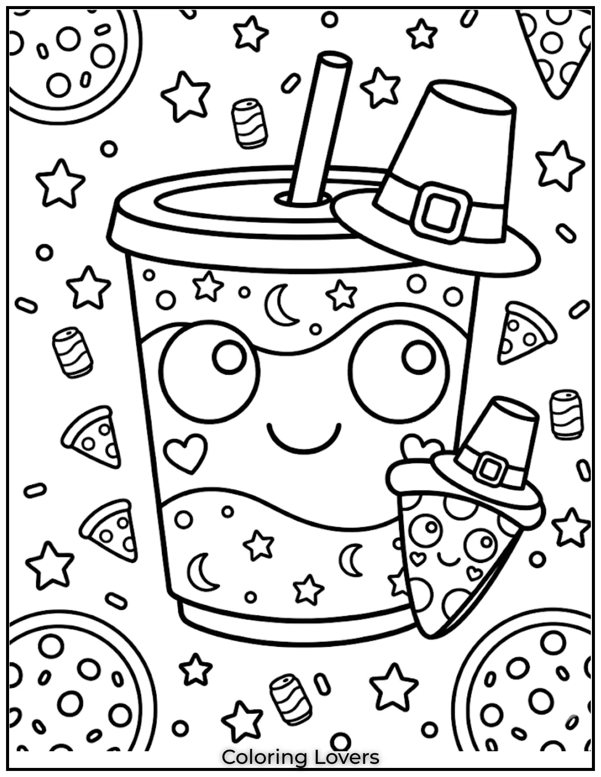 Pizza Soda FriendsTiny pizza slices smile beside sodas. Easy kawaii fast food coloring pages create cheerful creative fun moments daily.