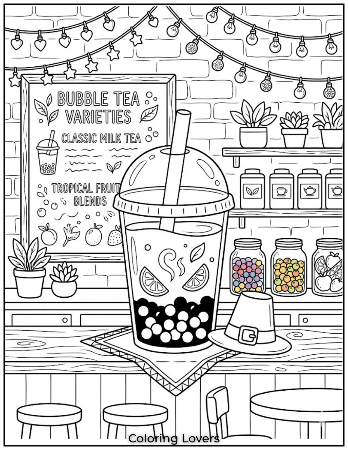 Rainbow Boba CupColorful rainbow boba drink in cozy sweet shop with chalkboard menu and hanging lights scene