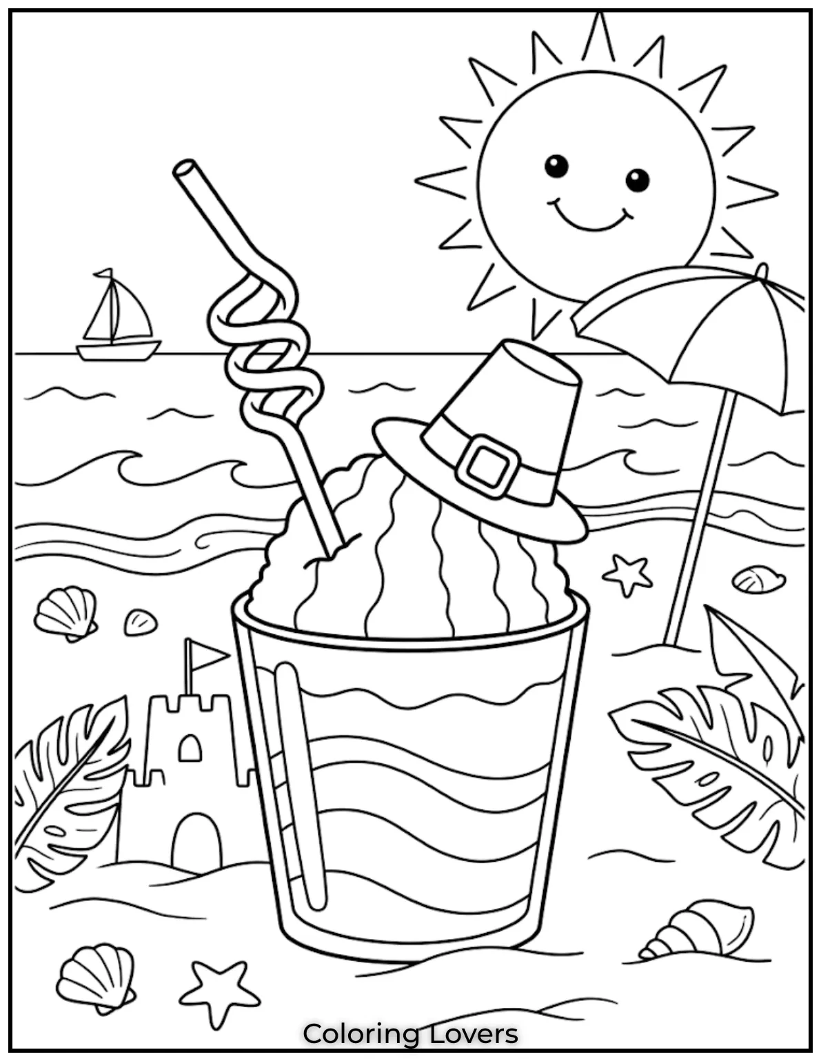 Rainbow Slush DrinkColorful rainbow shaved ice drink with beach background smiling sun and summer holiday feeling fun