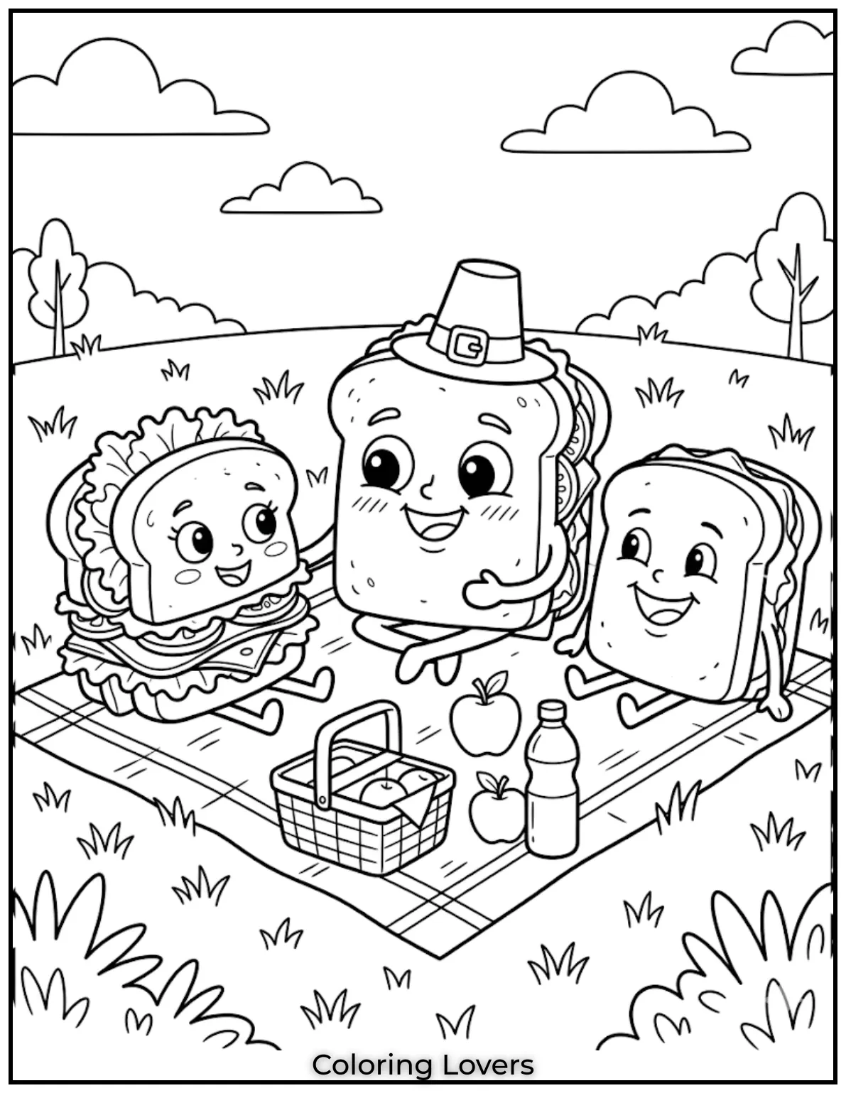 Happy sandwiches enjoy outdoor picnics together while kids color cheerful scenes filled with playful lunchtime adventures today.