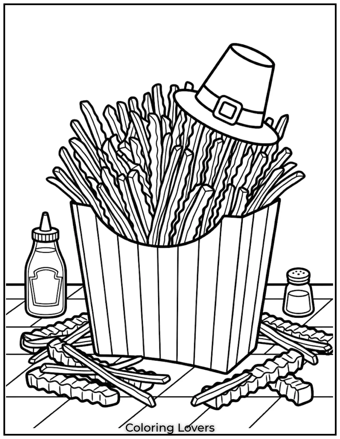 French fries coloring pages show thin crispy fries in fine line drawing food style.