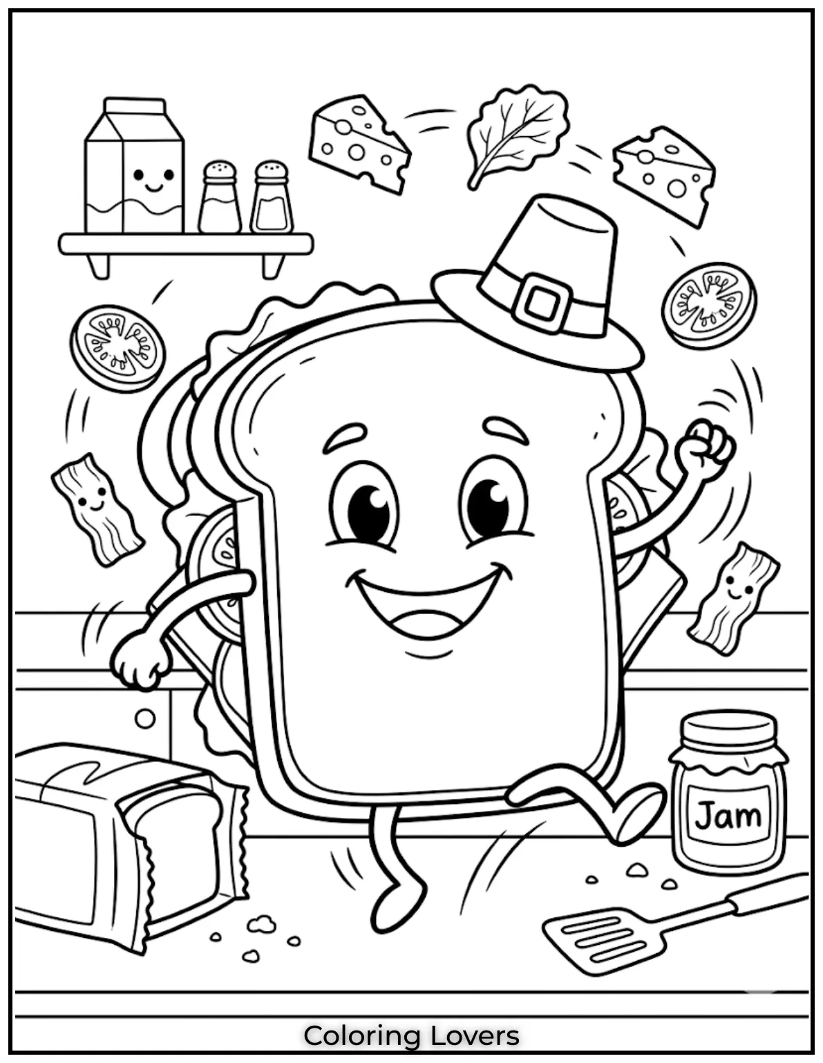 Funny sandwich chaos inside kitchens creates entertaining coloring pages children enjoy during creative afternoon playtime activities.