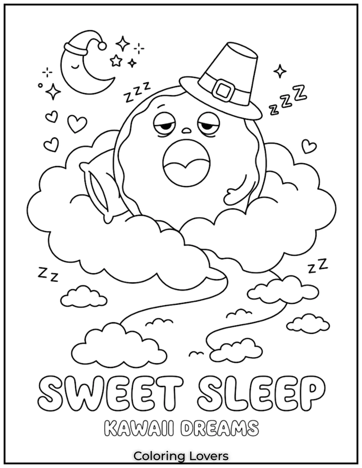 Donut Cloud DreamsSleepy donuts float softly above clouds. Kids enjoy coloring dreamy sweets with cheerful kawaii sleepy expressions today.