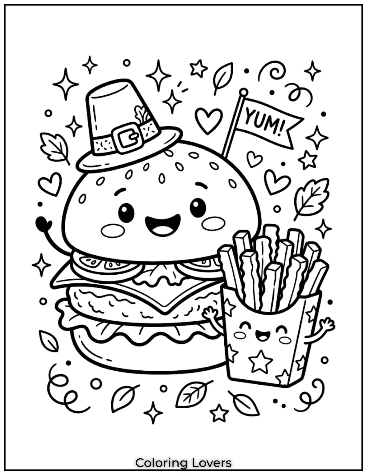 Smiling burger coloring pages show happy fries beside burger in cute playful cartoon scene.